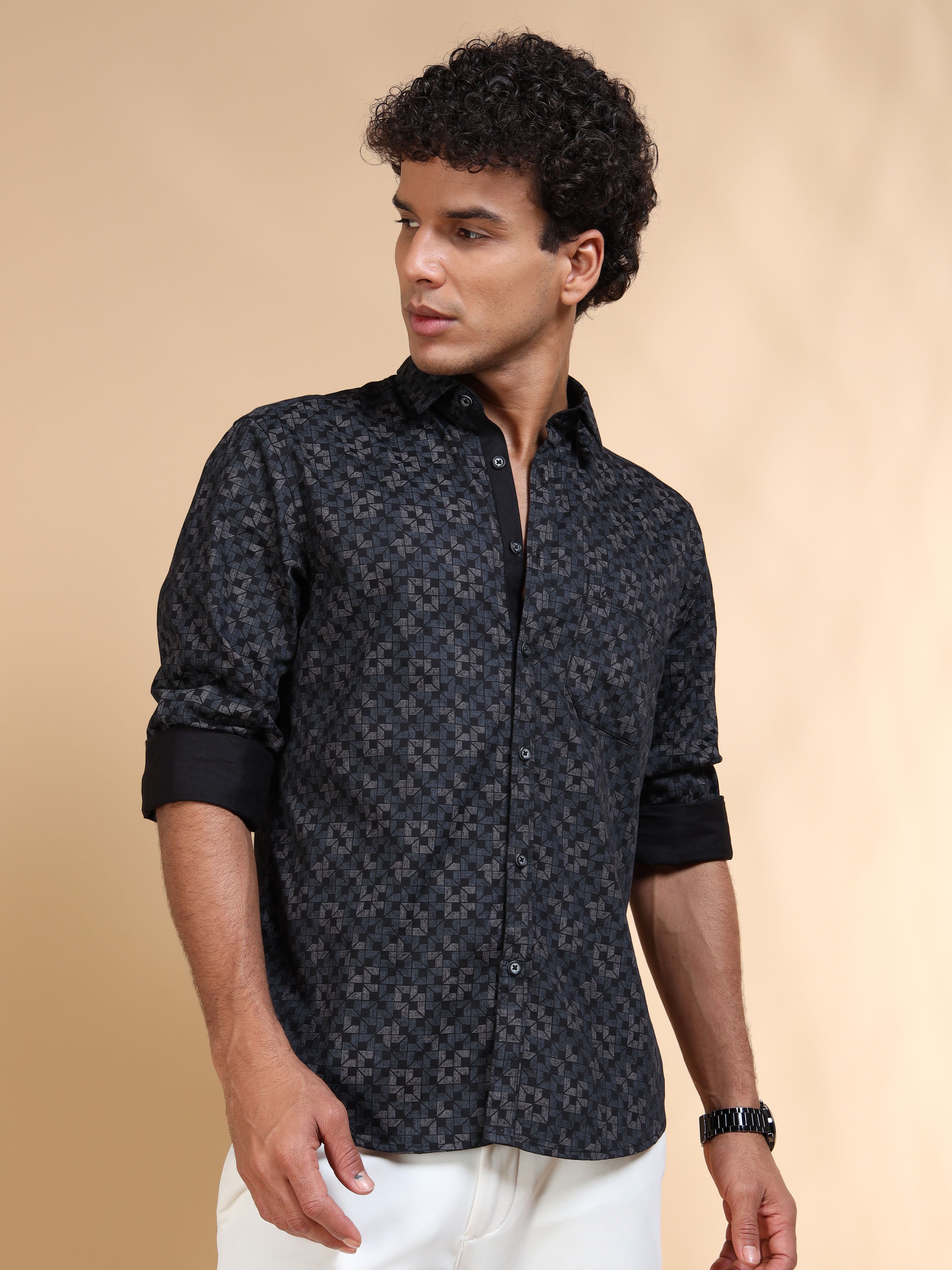 MEN'S BLACK PRINT SLIM FIT SHIRT