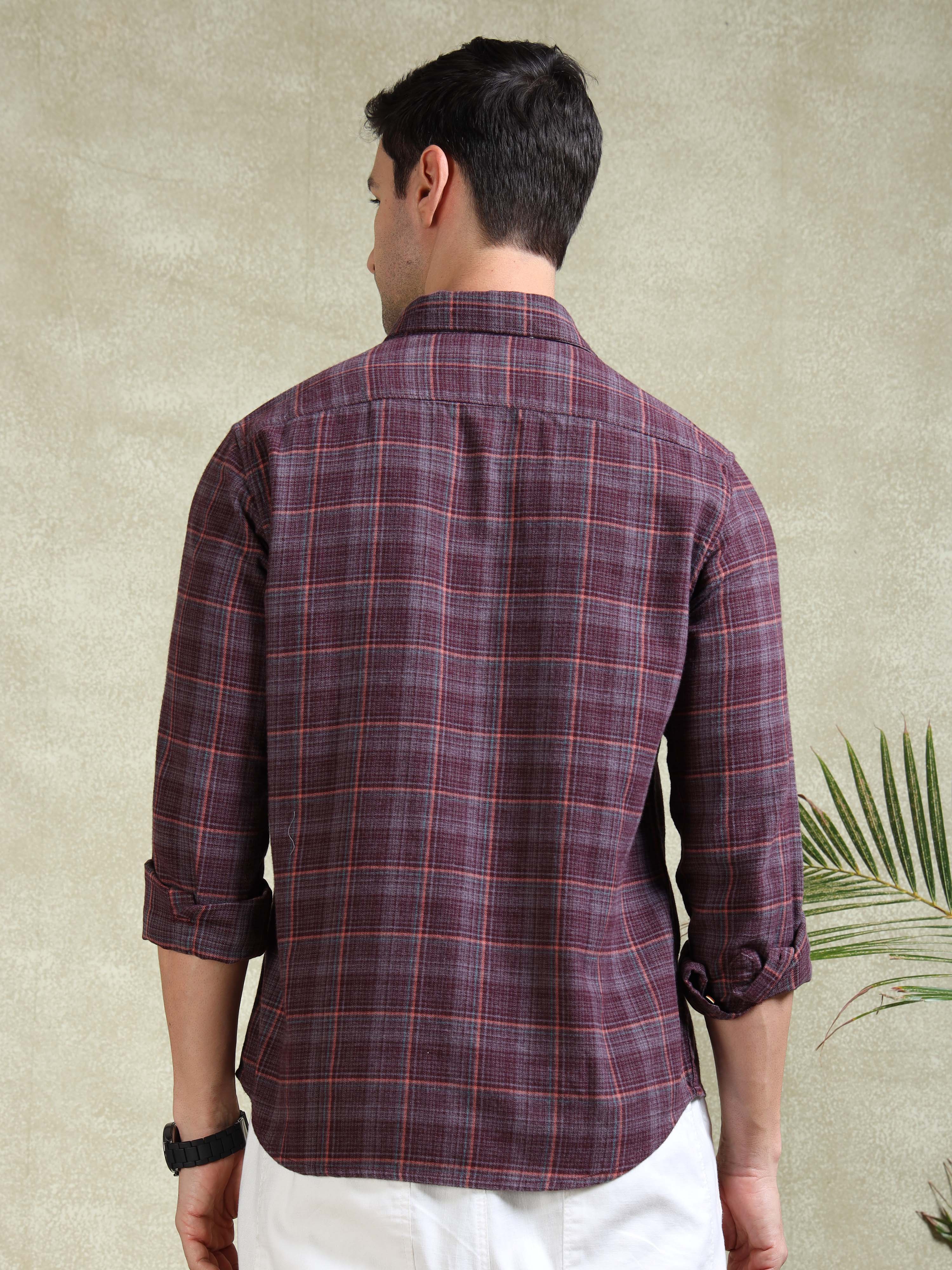 MEN'S WINE BRUSHING CHECKS SLIM FIT SHIRT