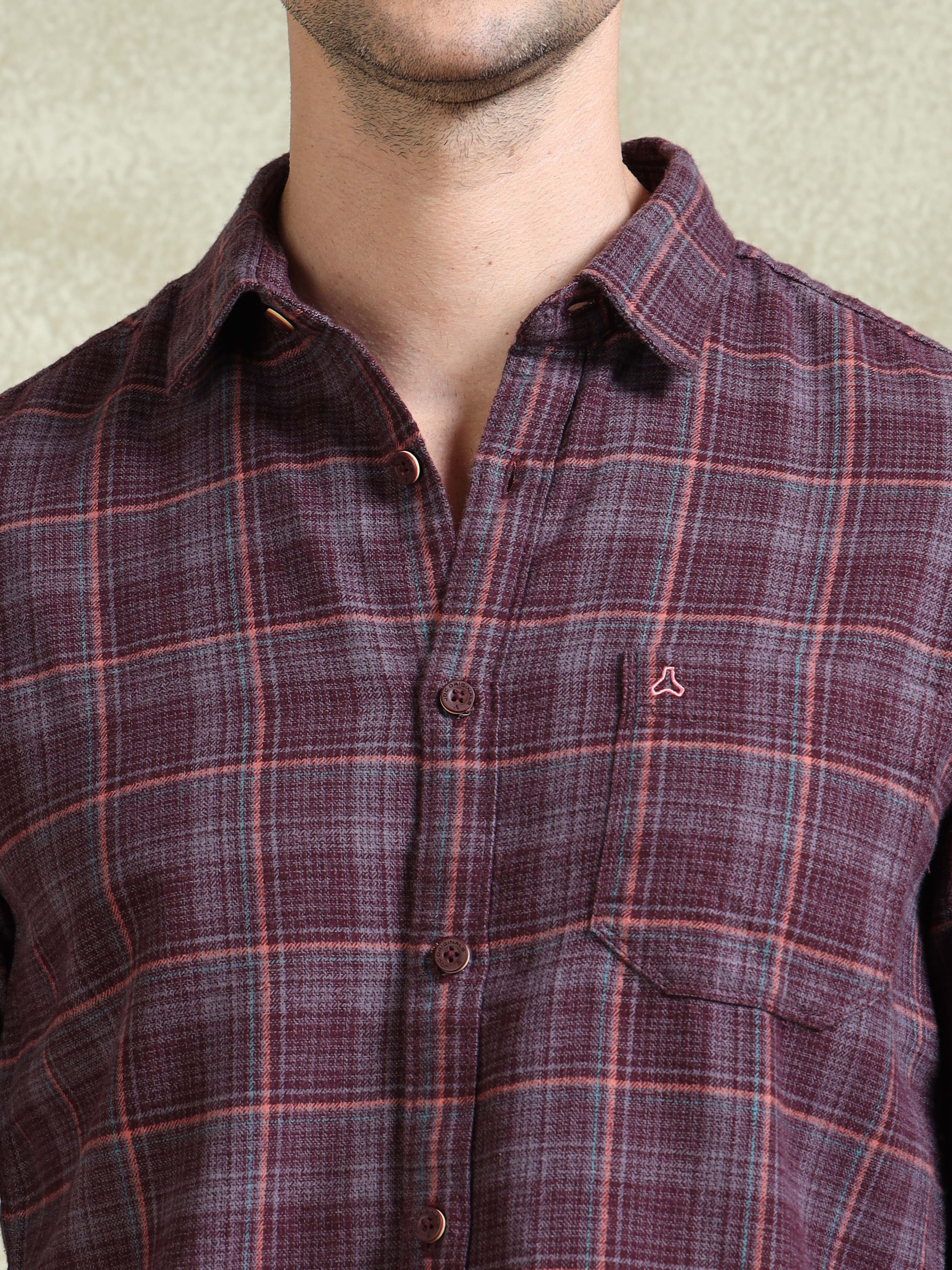 MEN'S WINE BRUSHING CHECKS SLIM FIT SHIRT