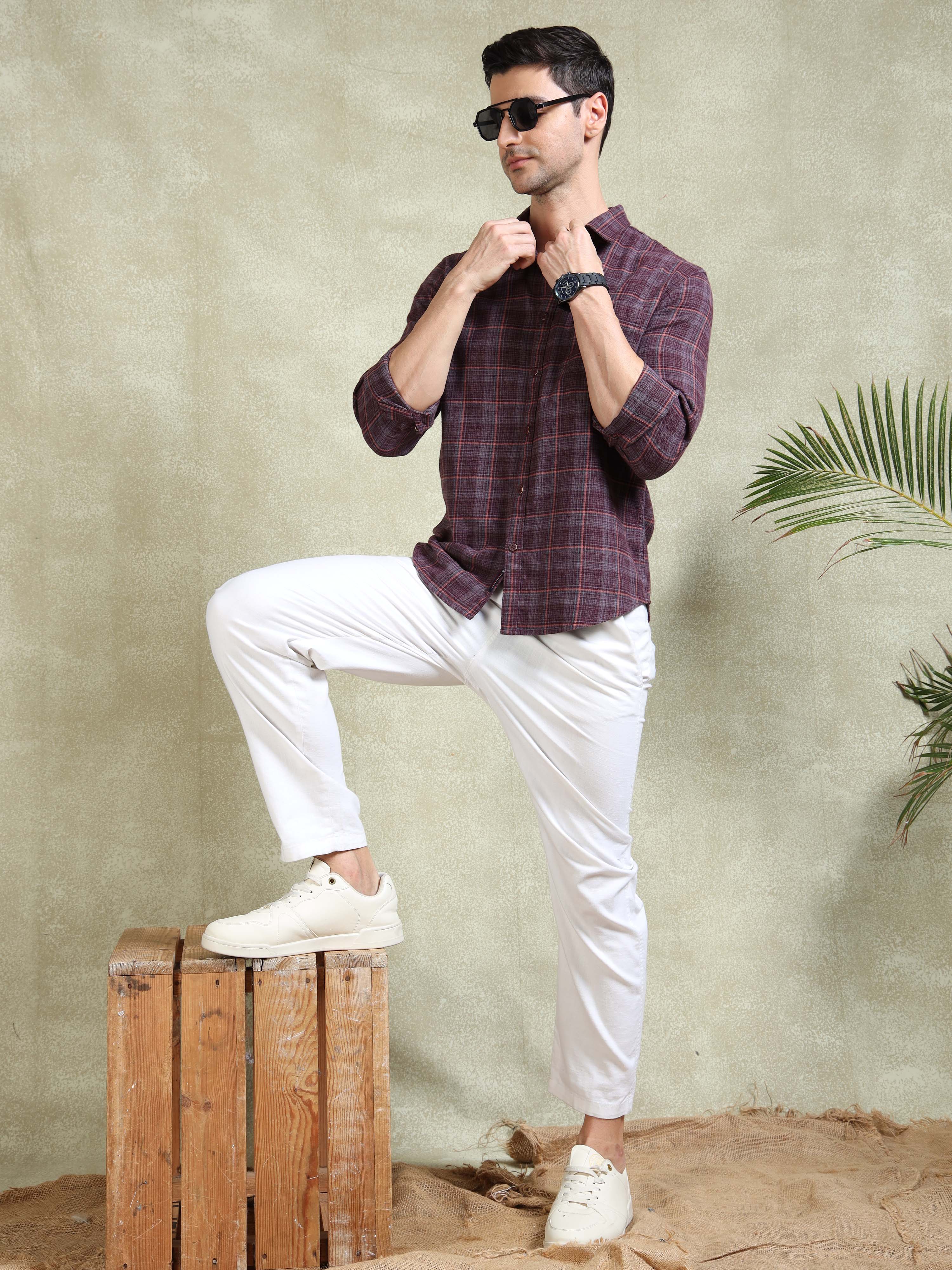 MEN'S WINE BRUSHING CHECKS SLIM FIT SHIRT