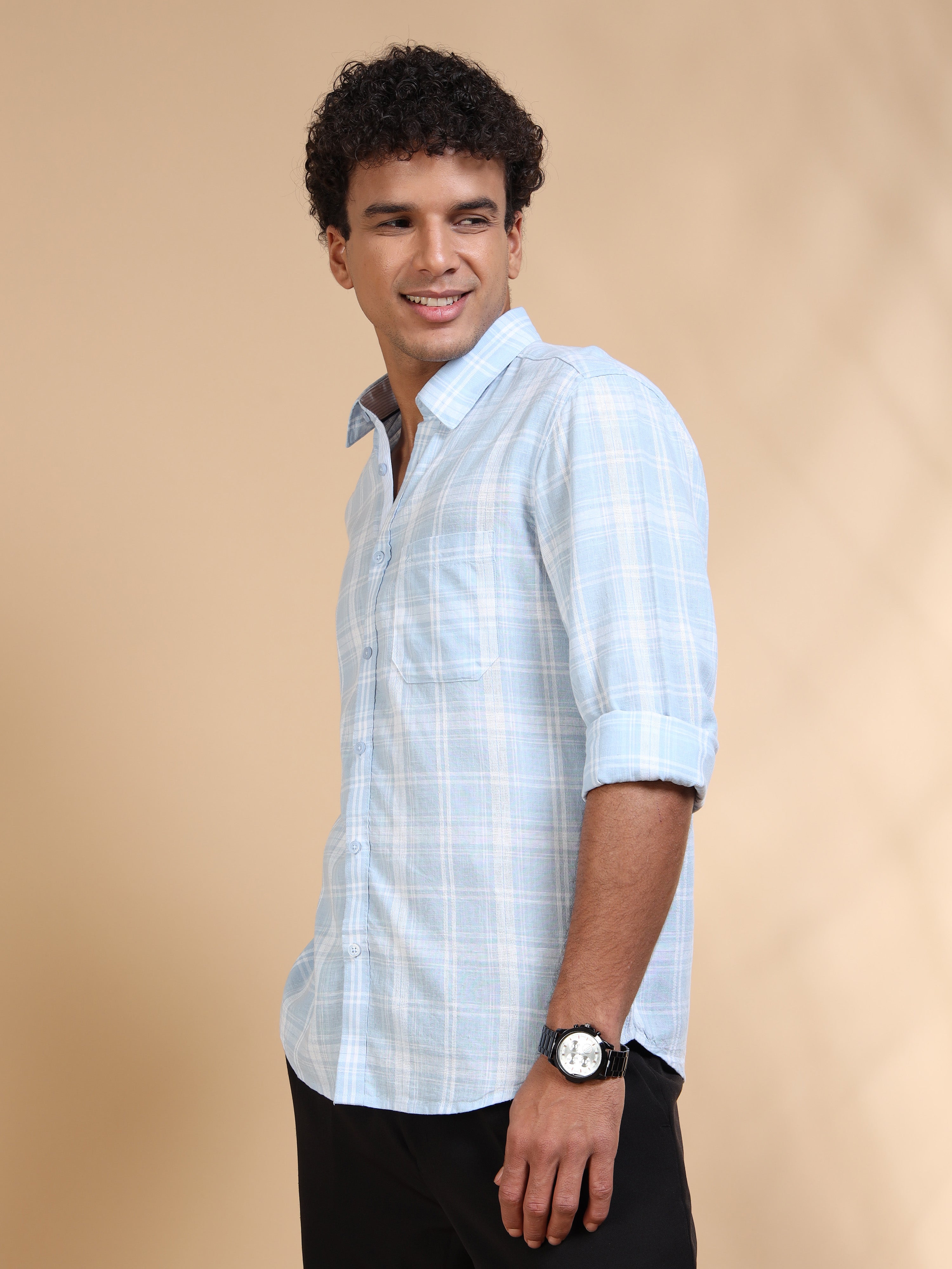 MEN'S LT.BLUE CHECKS SLIM FIT SHIRT