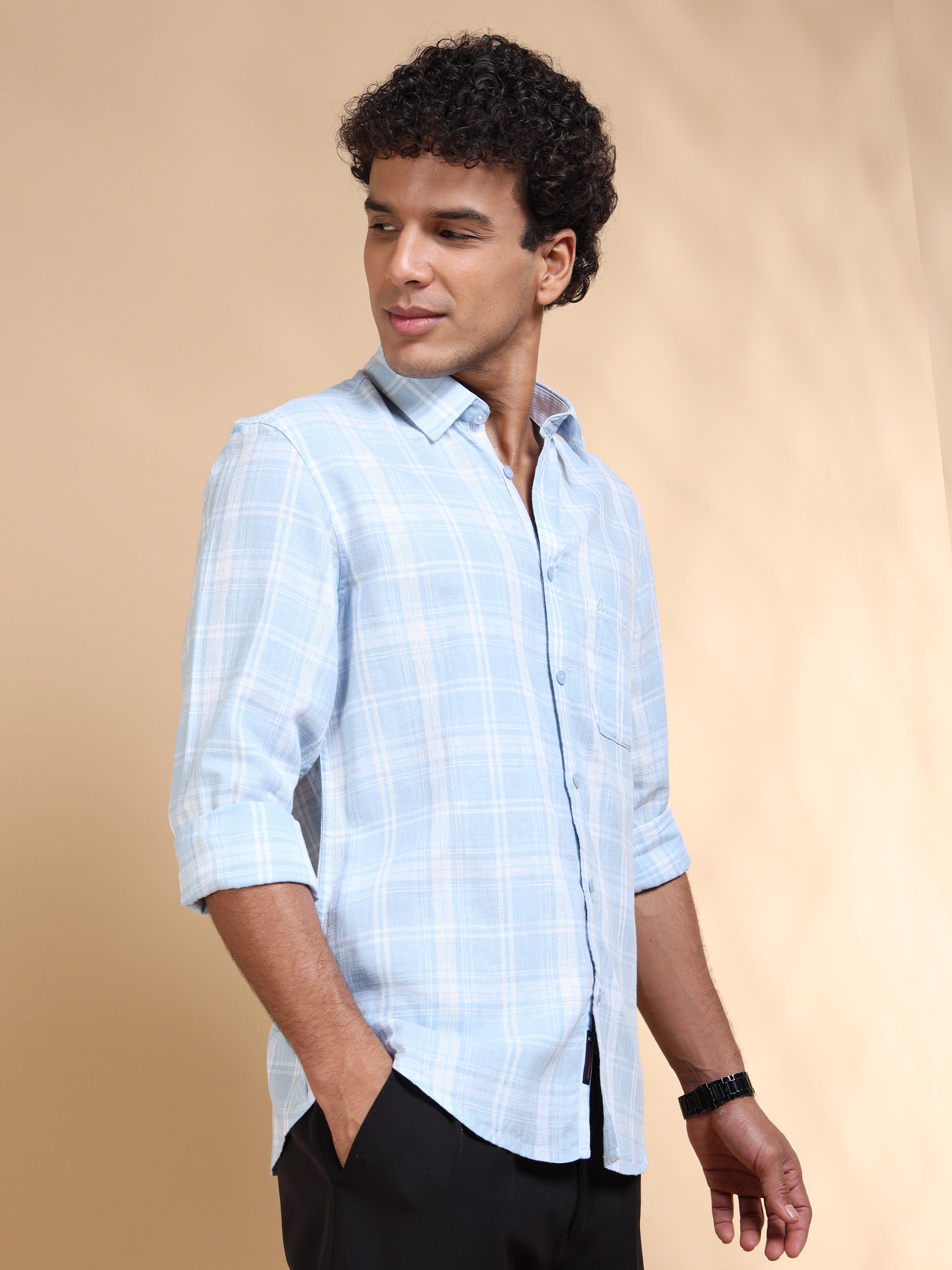 MEN'S LT.BLUE CHECKS SLIM FIT SHIRT