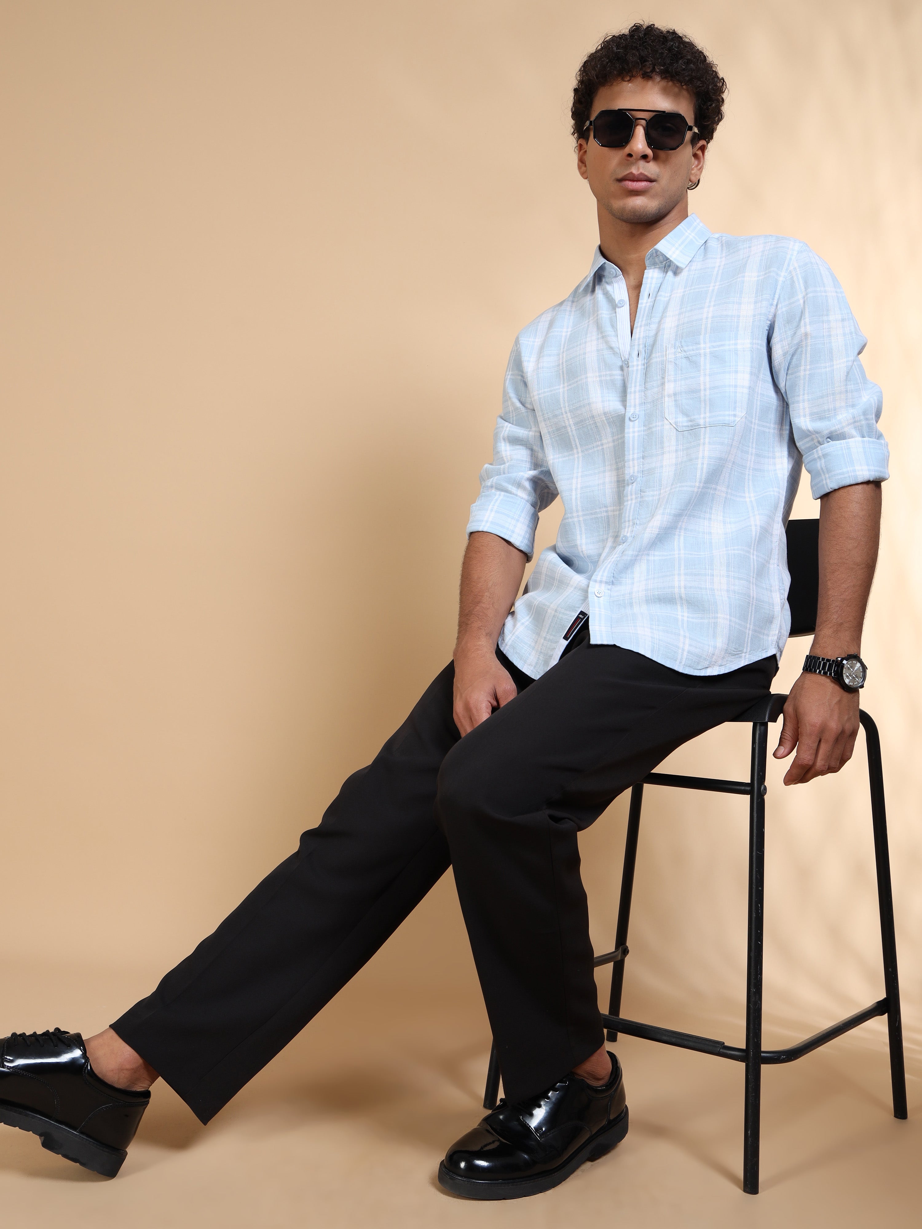 MEN'S LT.BLUE CHECKS SLIM FIT SHIRT