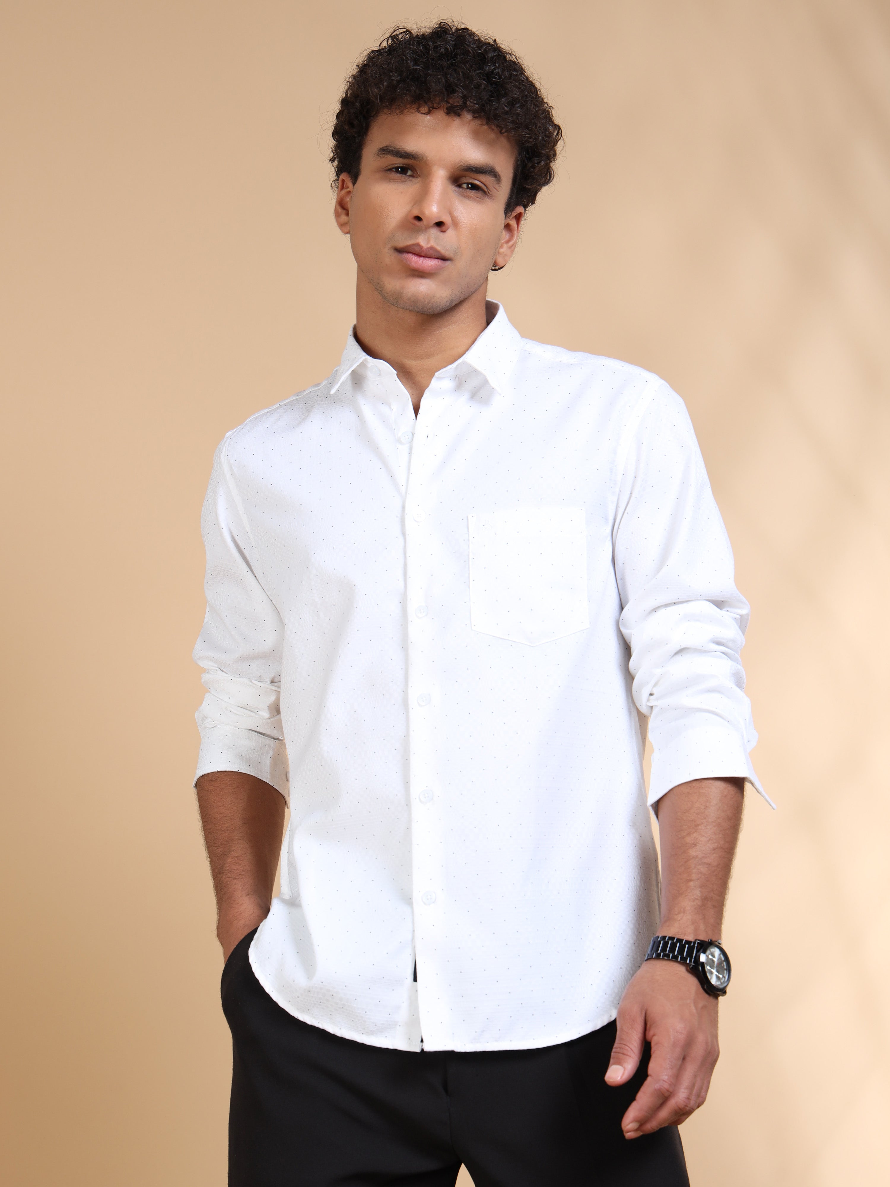 MEN'S WHITE PRINT SLIM FIT SHIRT