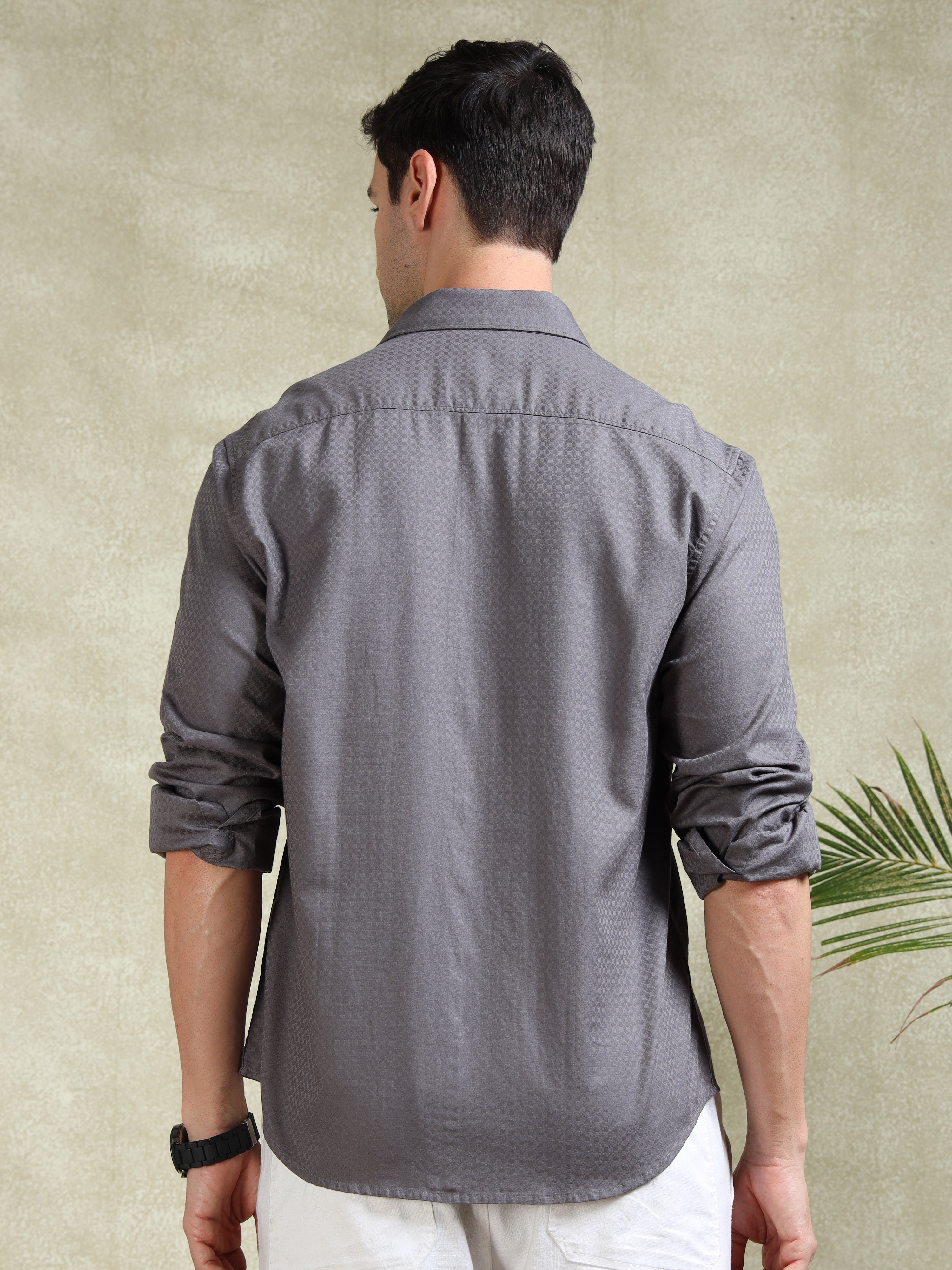 MEN'S GREY SELF DESIGN SLIM FIT SHIRT