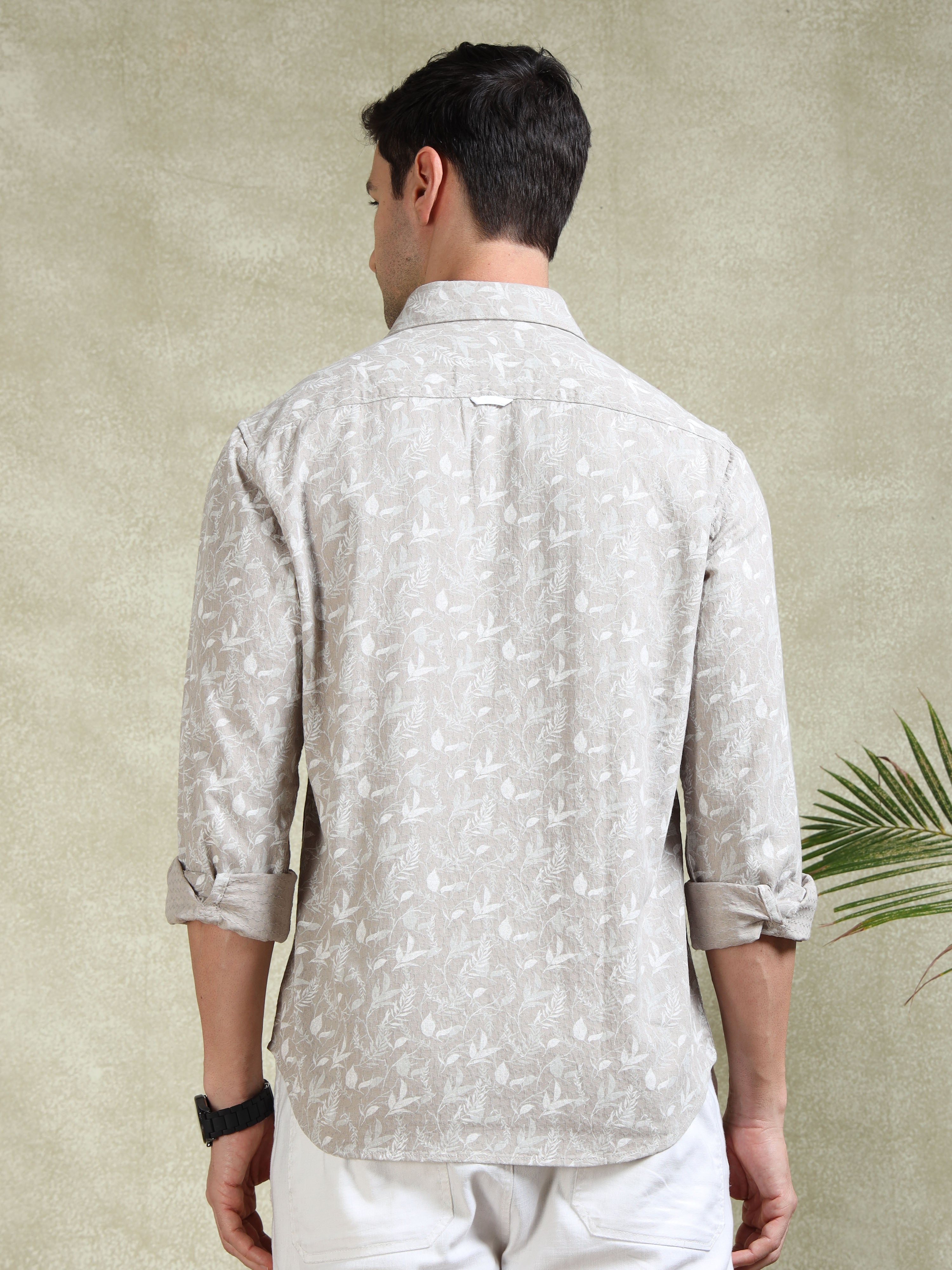MEN'S LT.BEIGE PRINT SLIM FIT SHIRT
