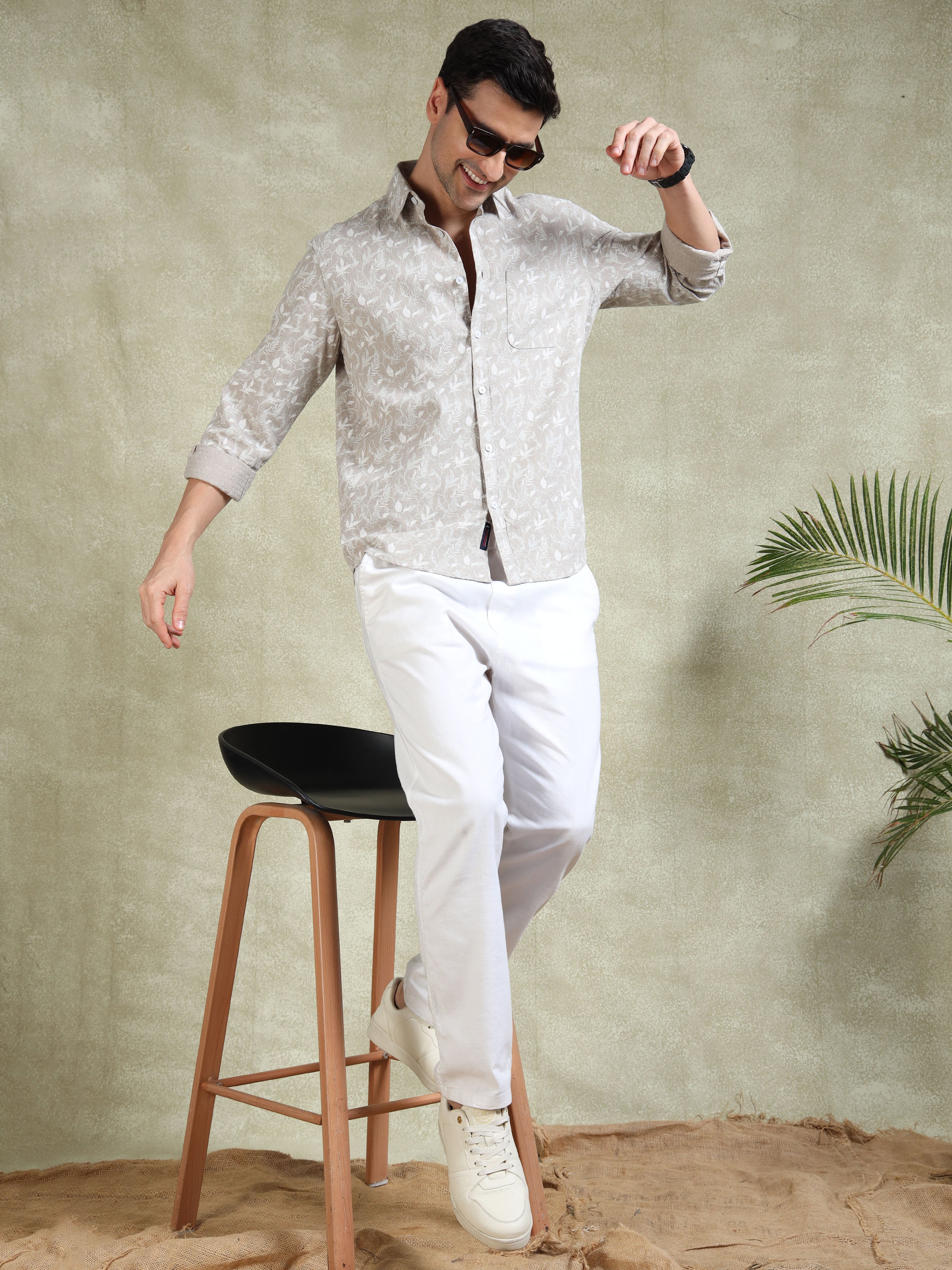 MEN'S LT.BEIGE PRINT SLIM FIT SHIRT