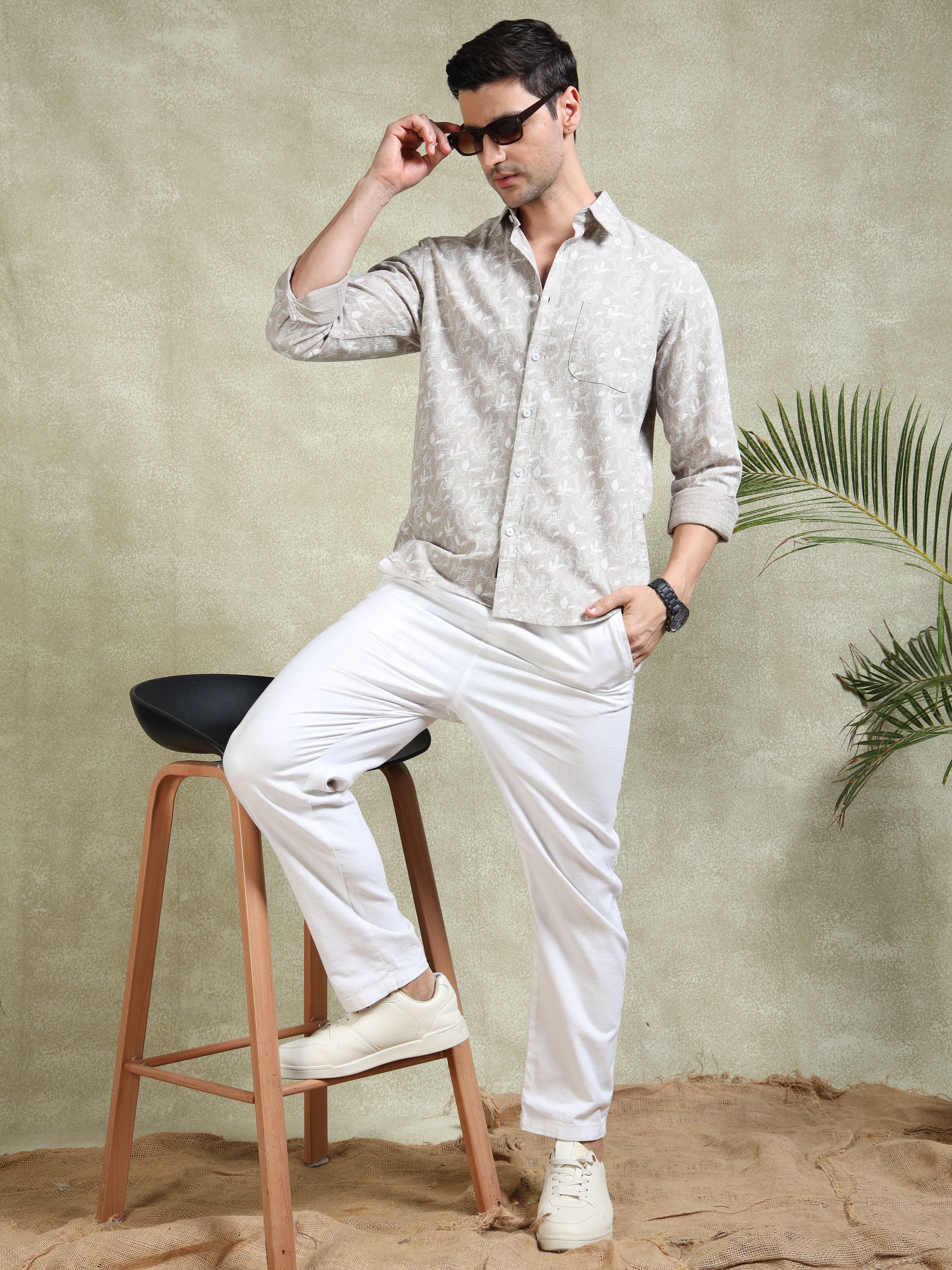 MEN'S LT.BEIGE PRINT SLIM FIT SHIRT