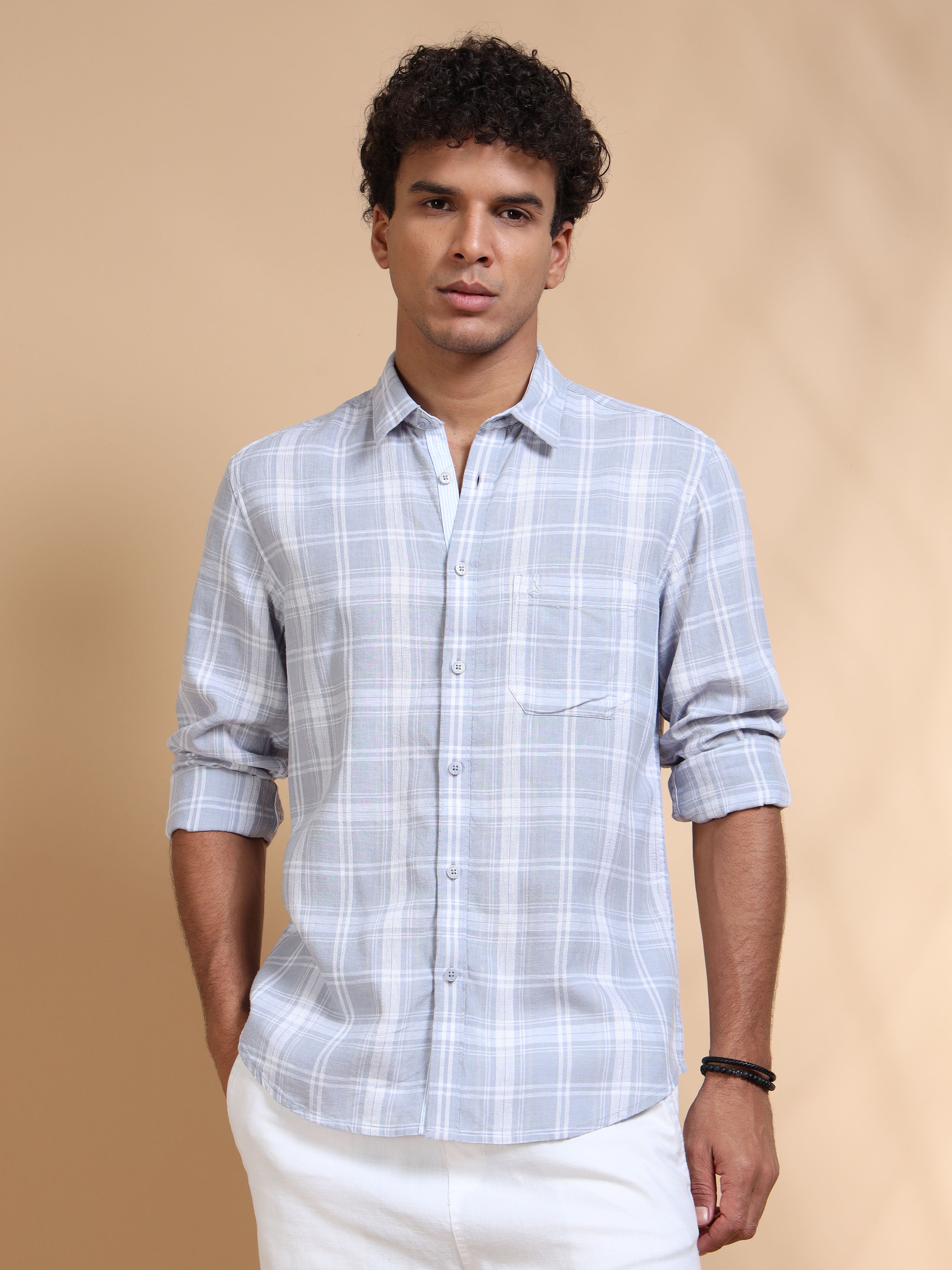 MEN'S LT.GREY CHECKS SLIM FIT SHIRT