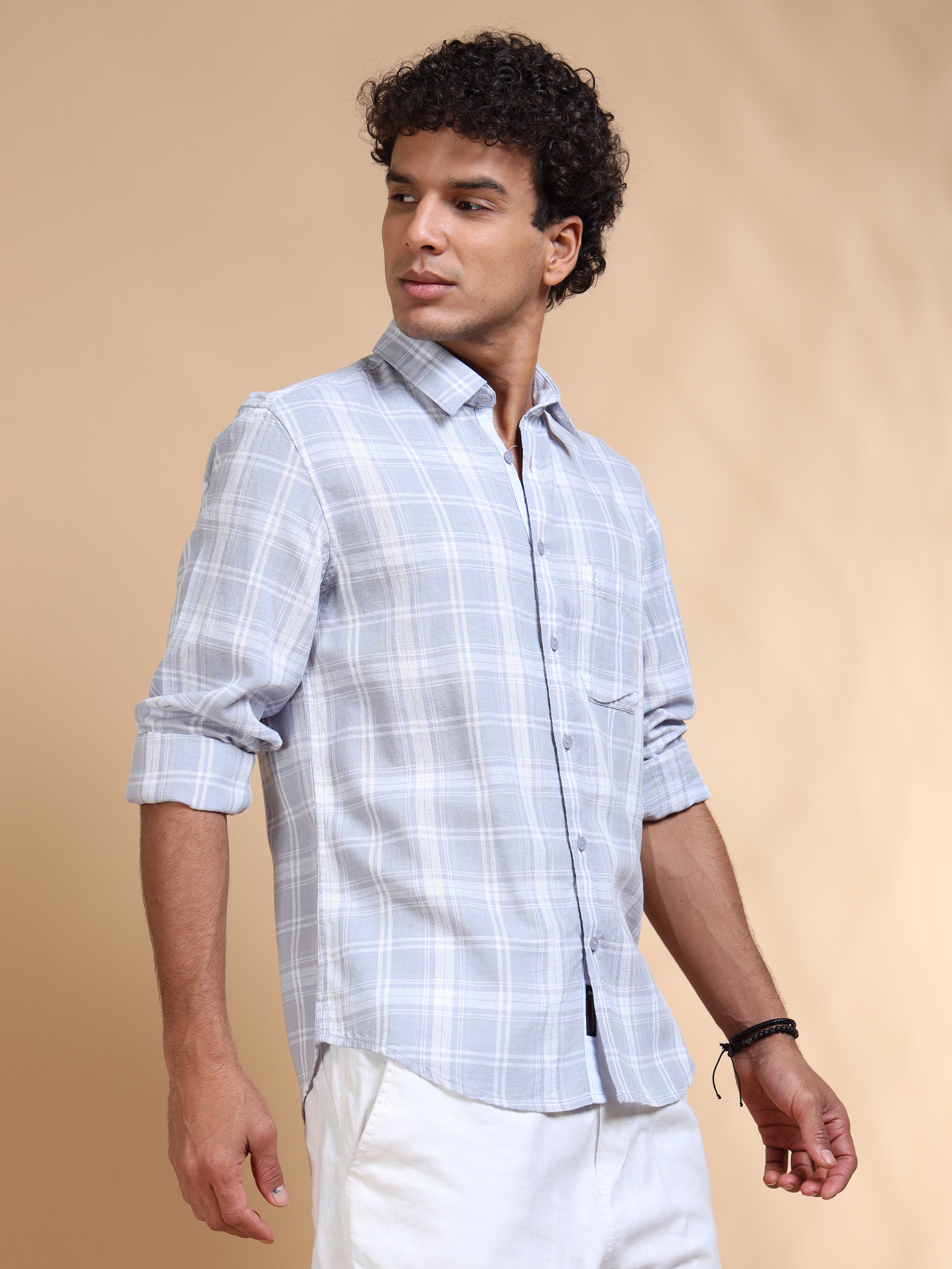 MEN'S LT.GREY CHECKS SLIM FIT SHIRT