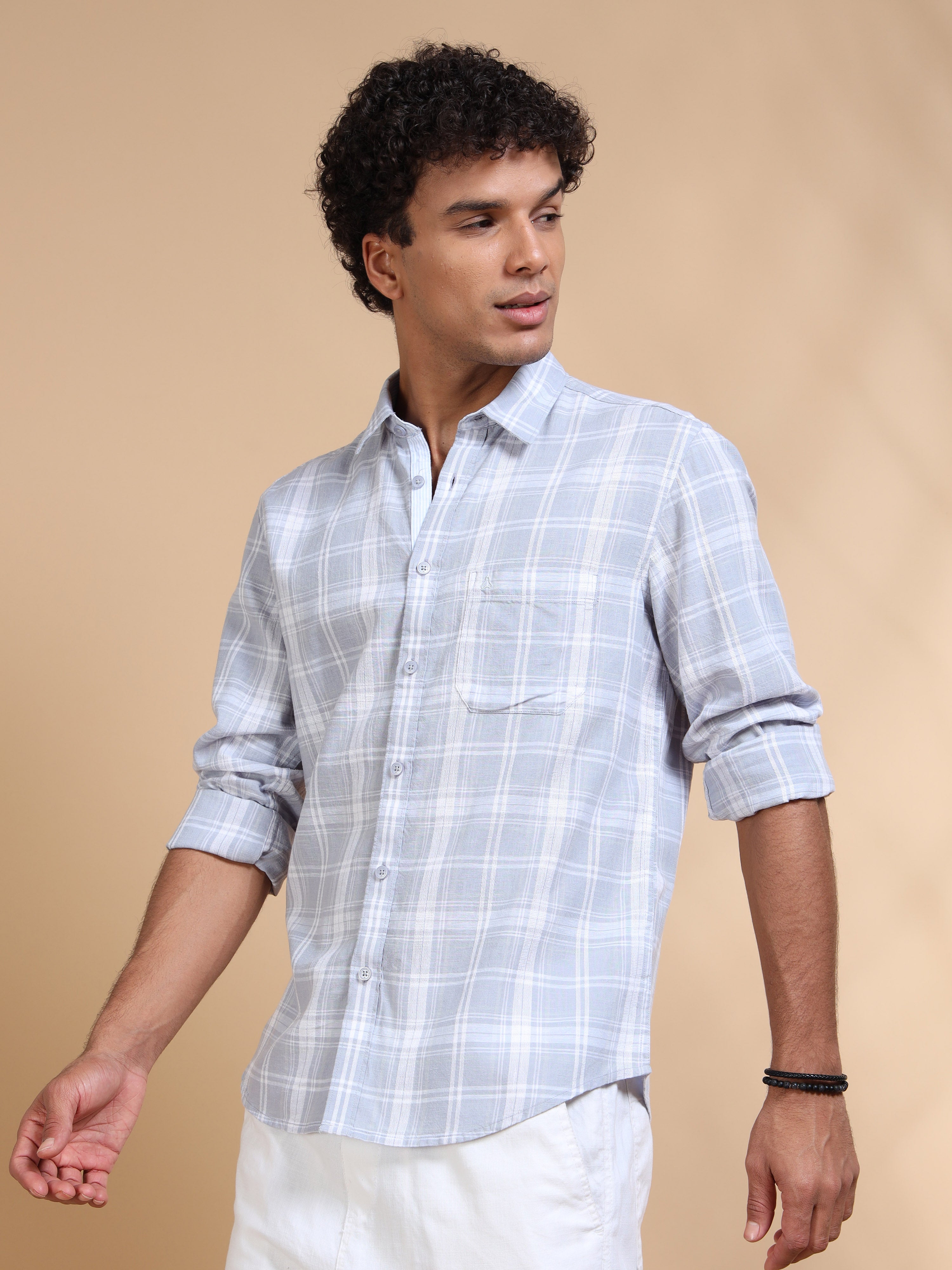 MEN'S LT.GREY CHECKS SLIM FIT SHIRT