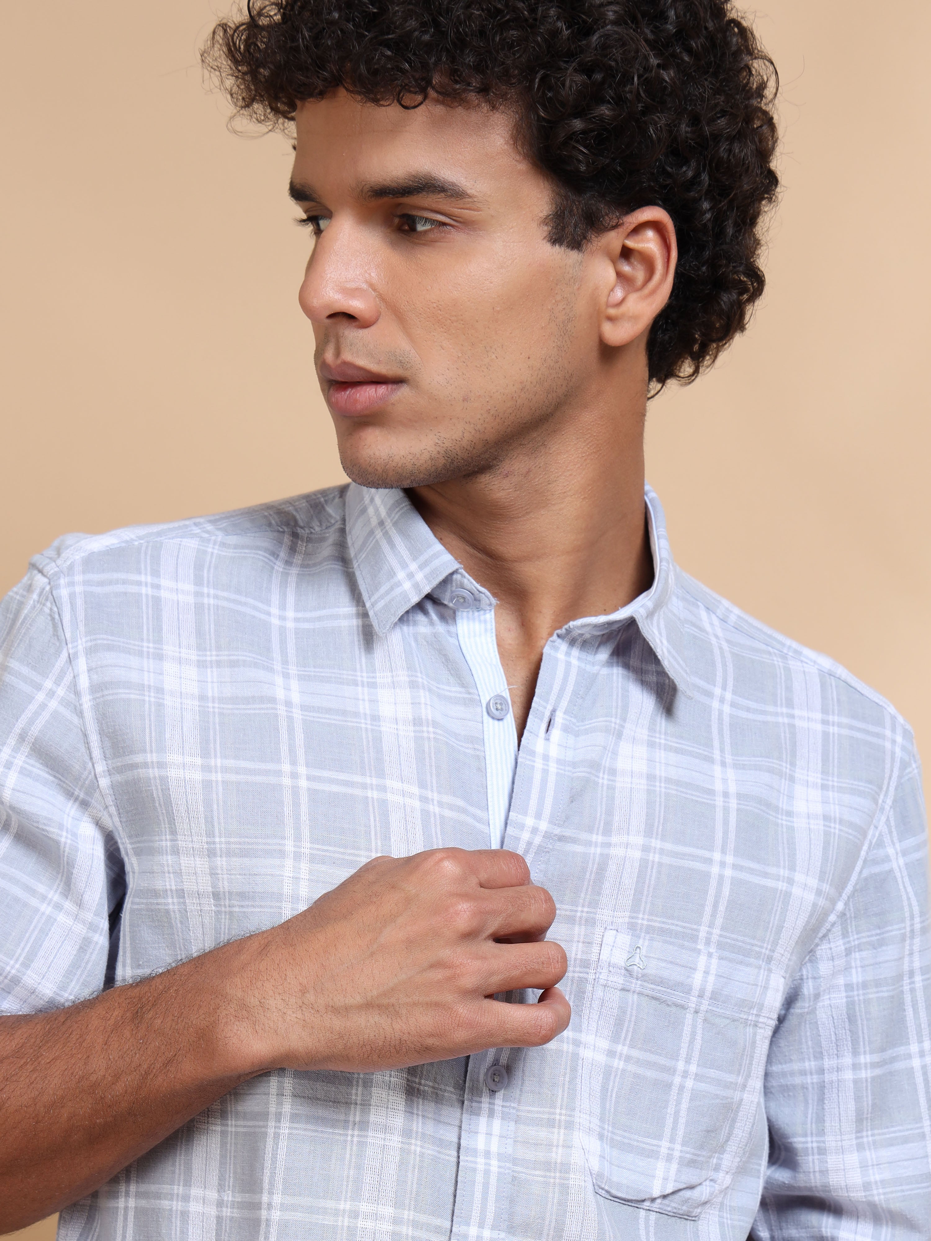 MEN'S LT.GREY CHECKS SLIM FIT SHIRT