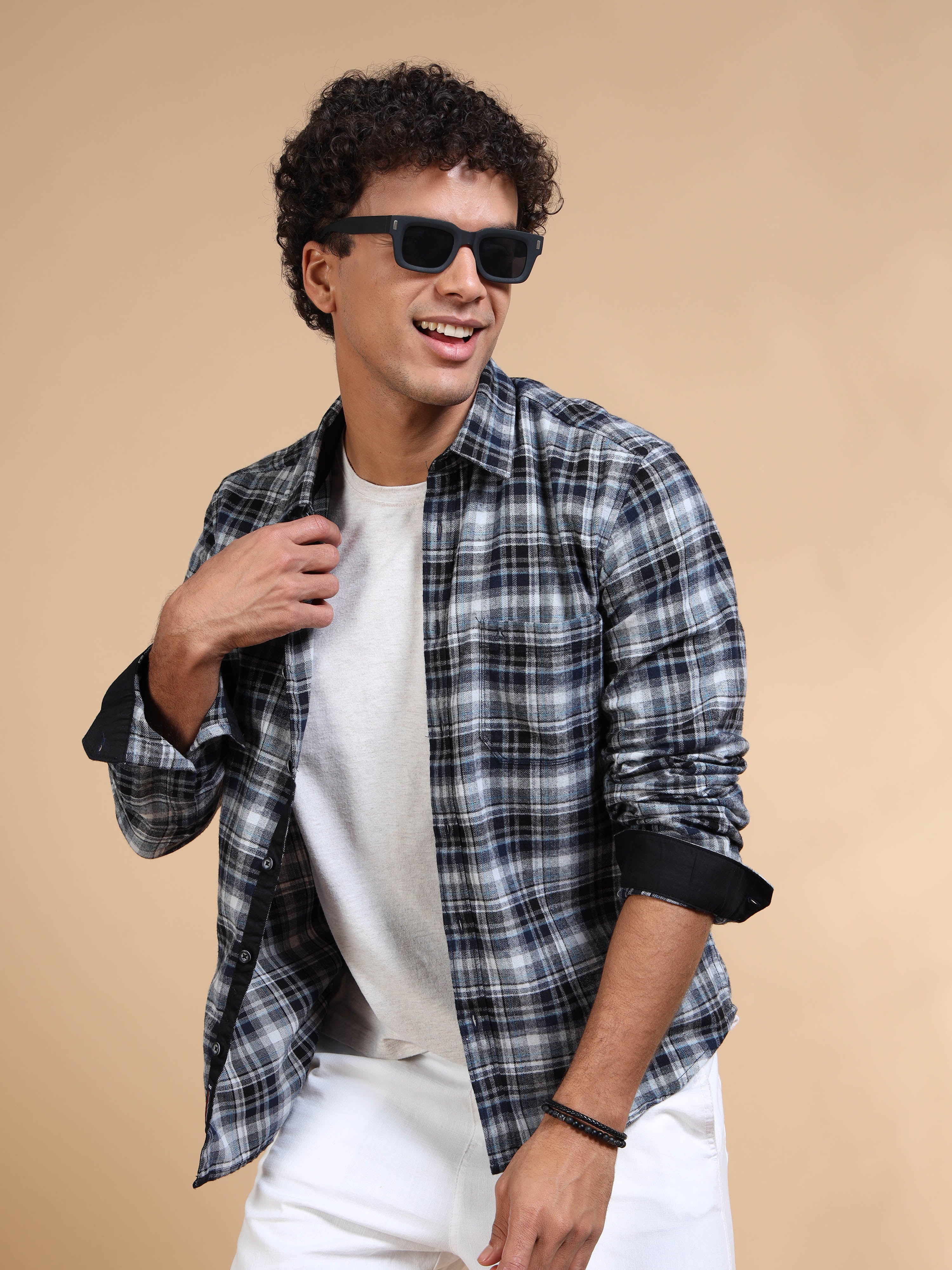 MEN'S LT.GREY BRUSHING CHECKS SLIM FIT SHIRT