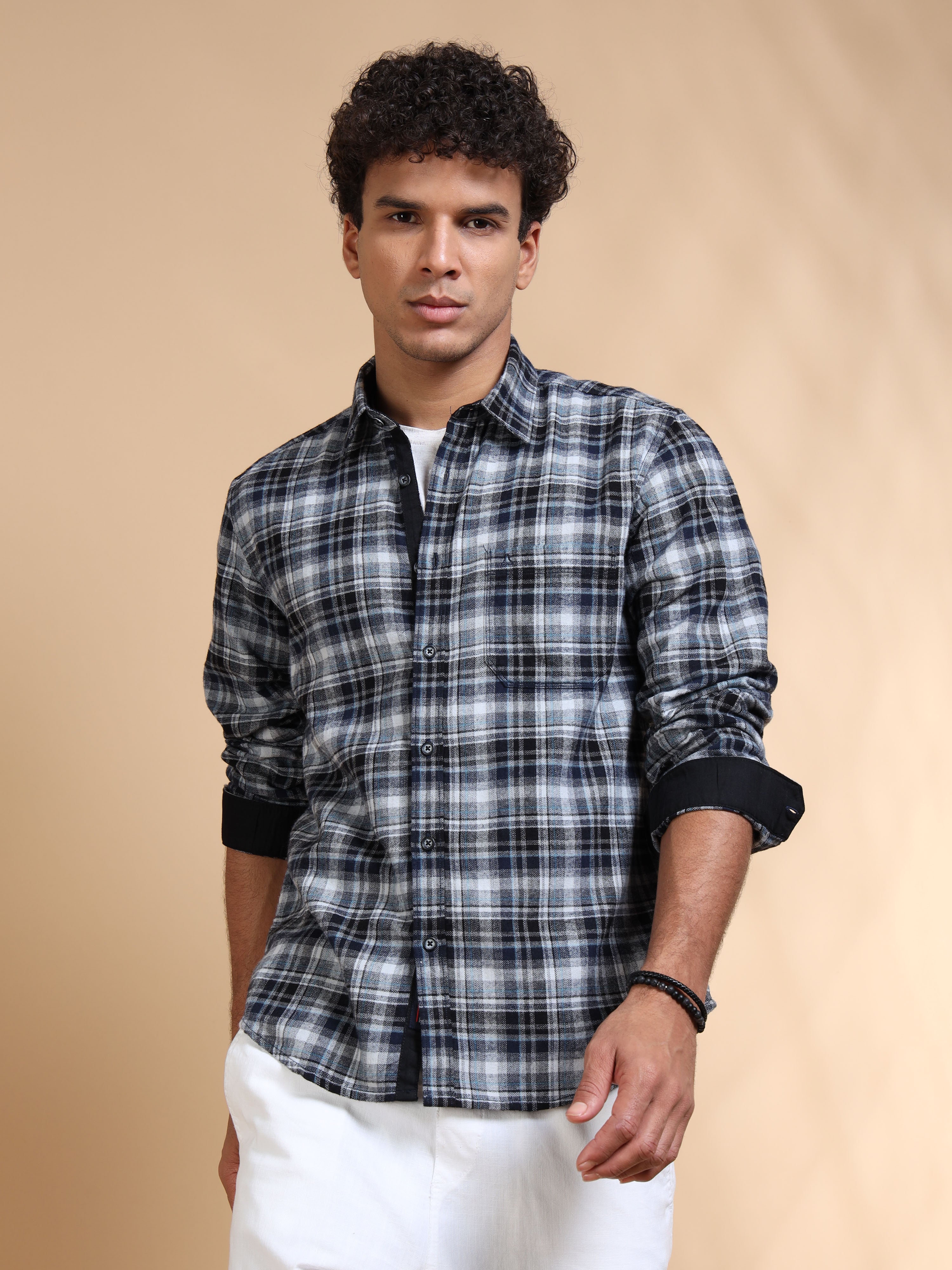 MEN'S LT.GREY BRUSHING CHECKS SLIM FIT SHIRT