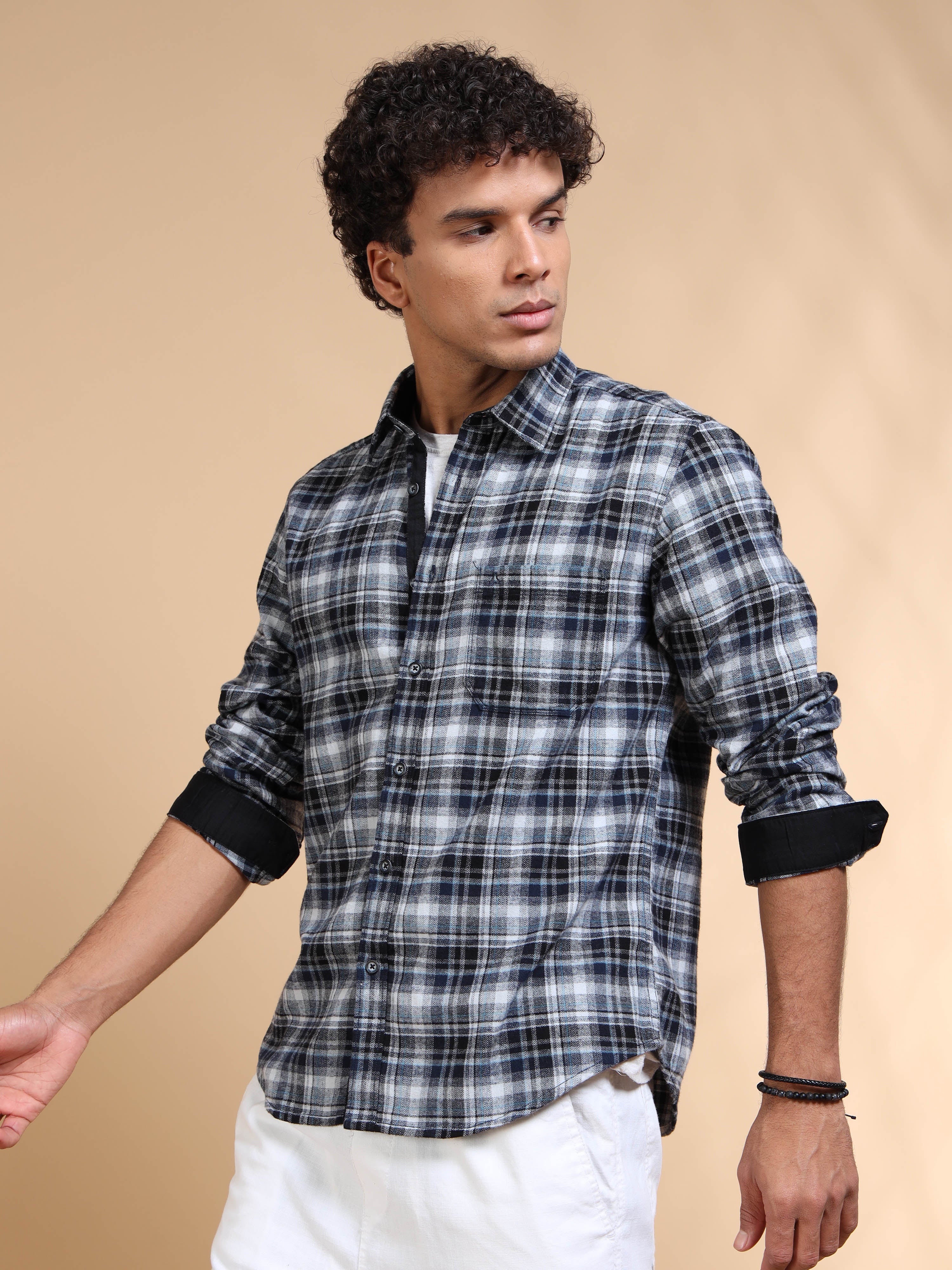 MEN'S LT.GREY BRUSHING CHECKS SLIM FIT SHIRT