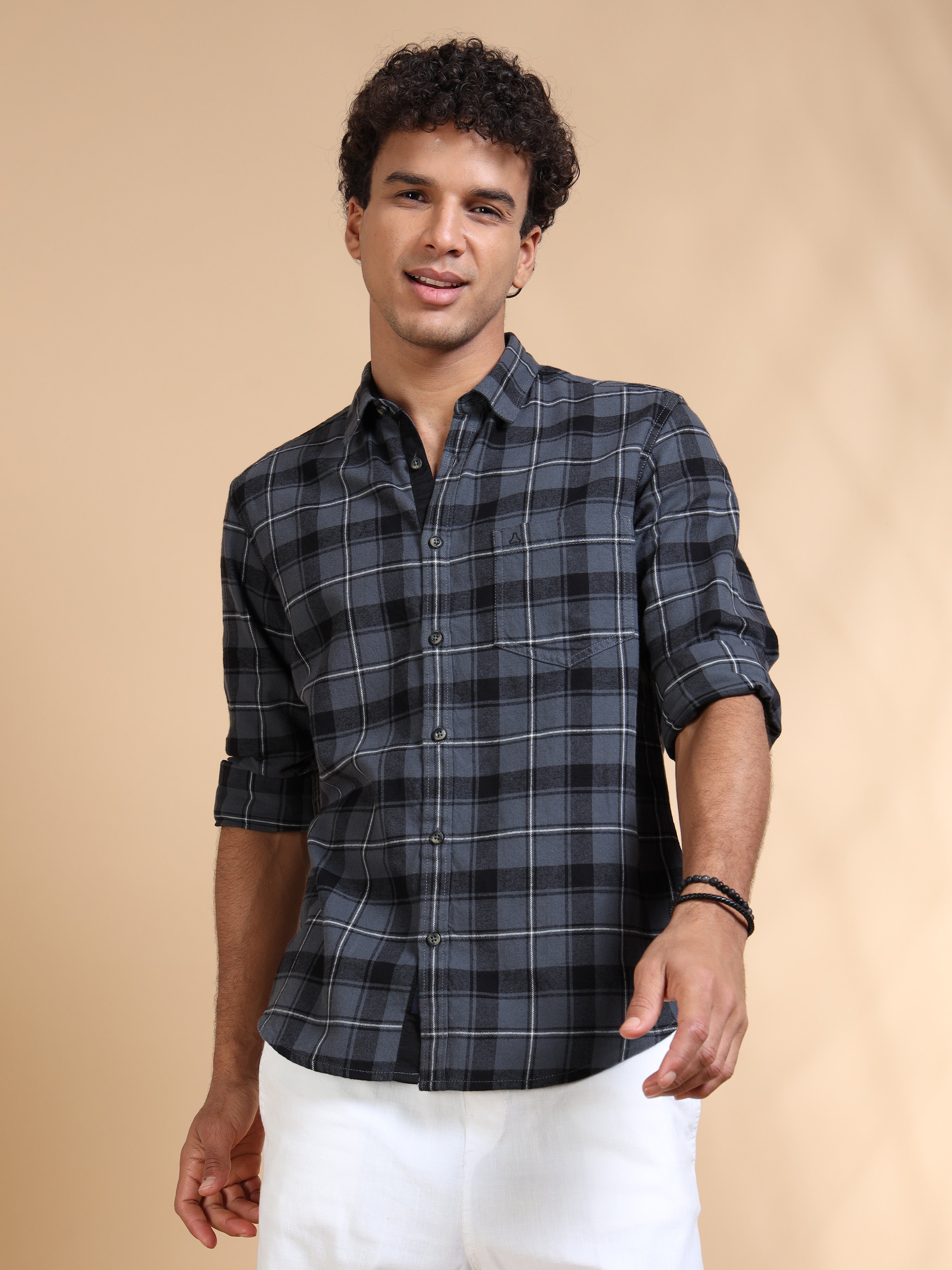 MEN'S DK.GREY BRUSHING CHECKS SLIM FIT SHIRT