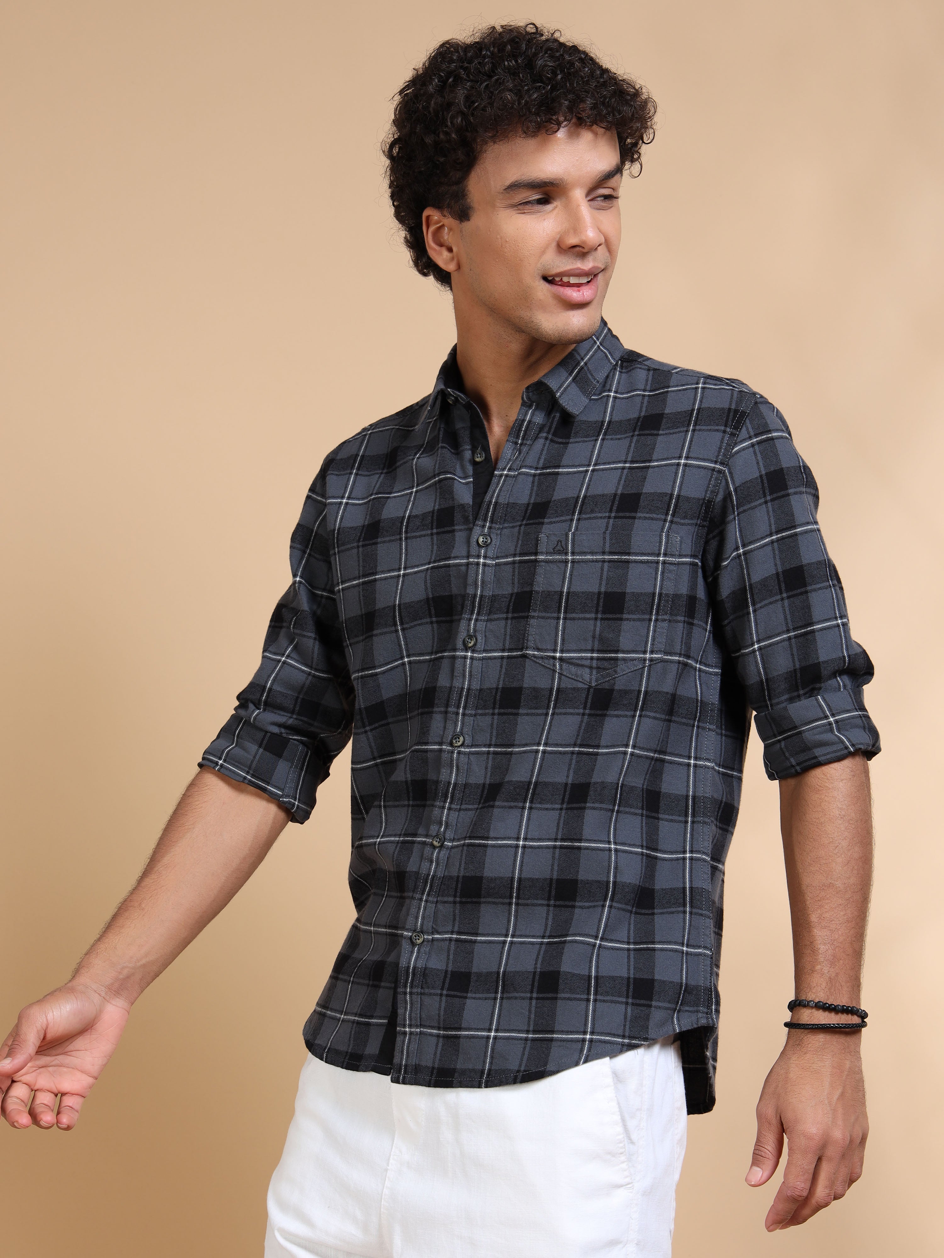 MEN'S DK.GREY BRUSHING CHECKS SLIM FIT SHIRT
