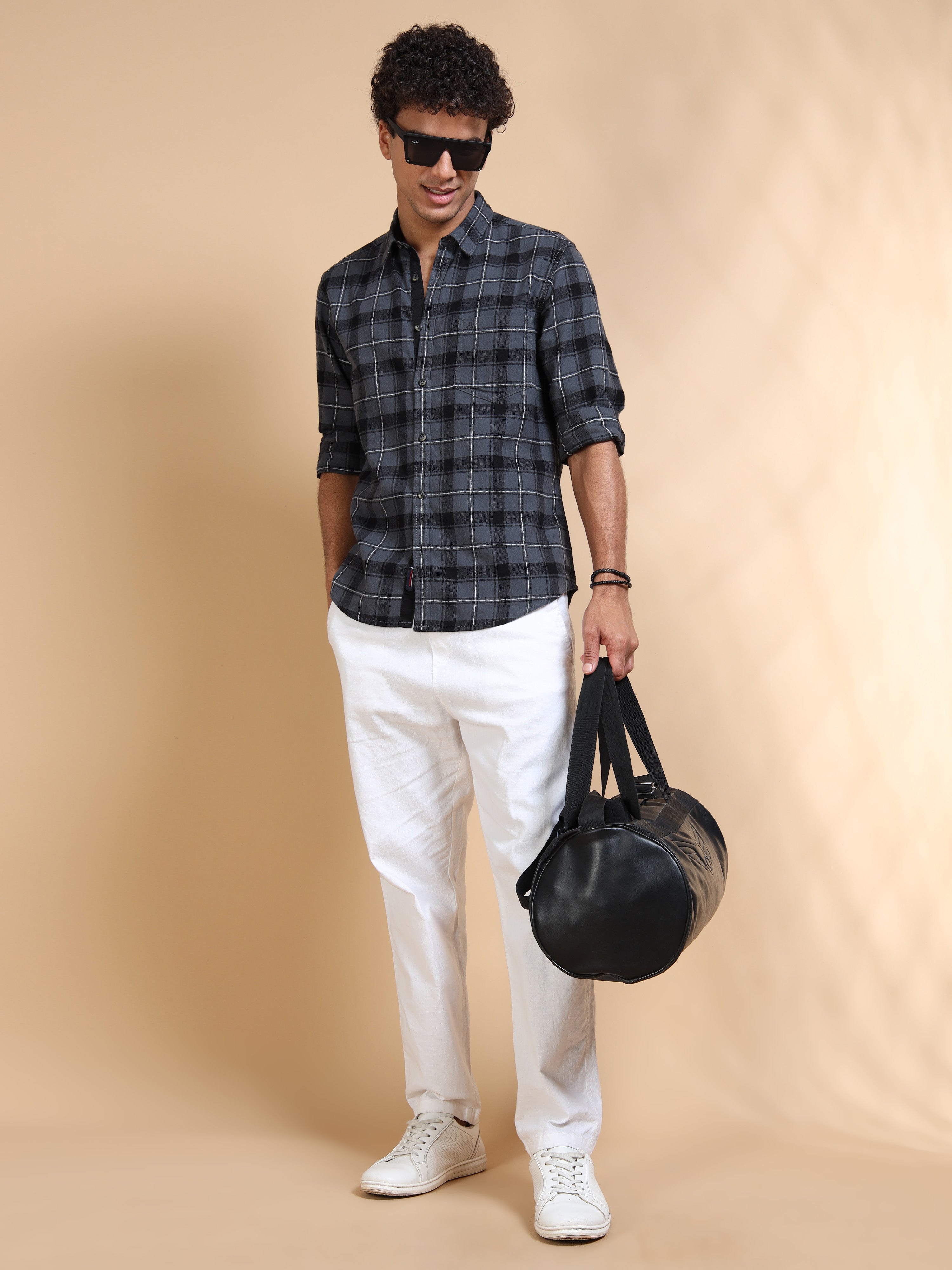 MEN'S DK.GREY BRUSHING CHECKS SLIM FIT SHIRT