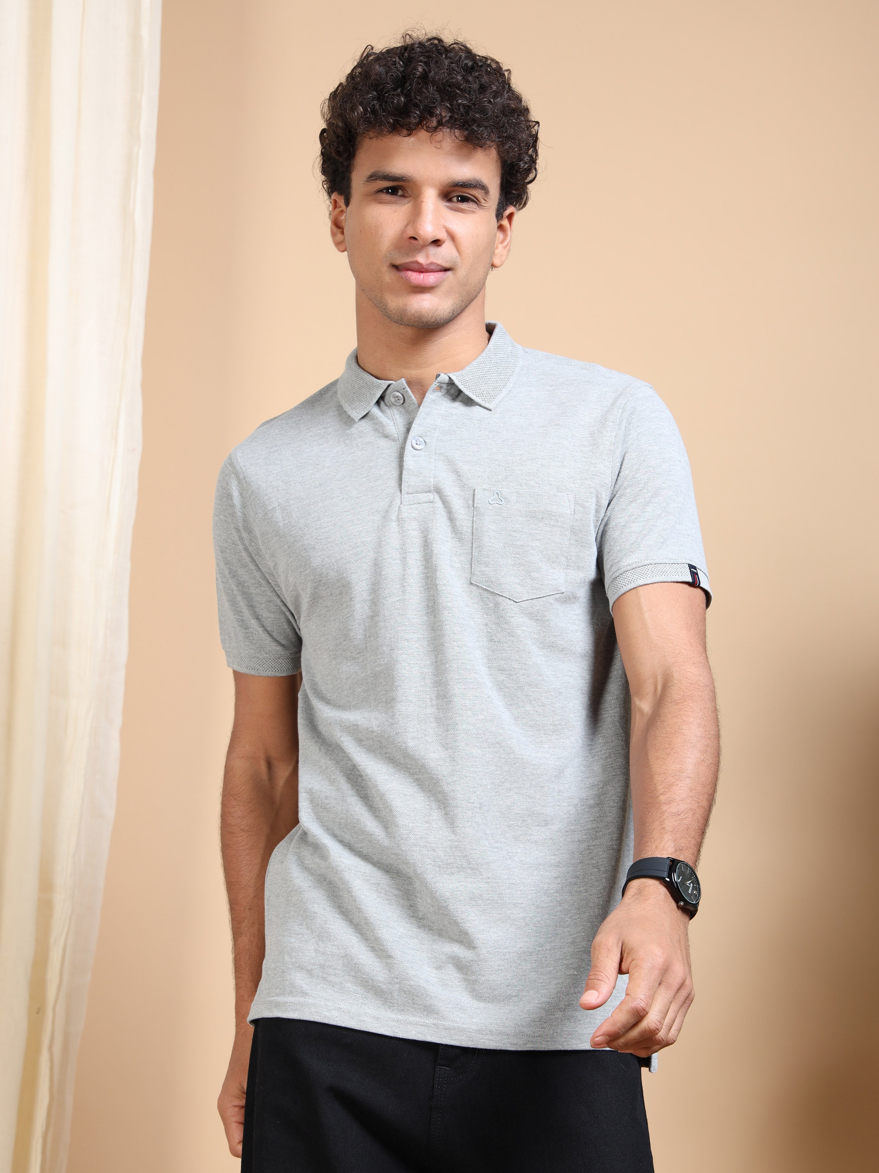 MEN'S GREY MELANGE SLIM FIT POLO TSHIRT