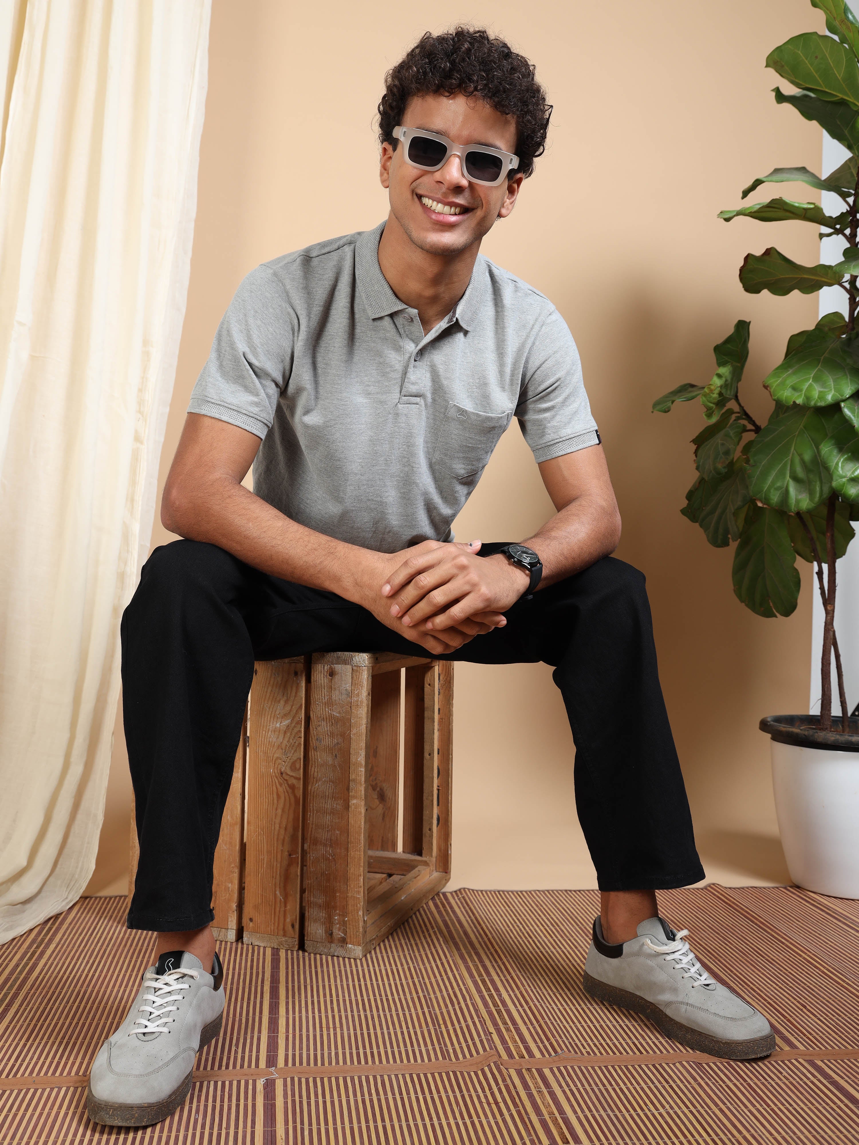 MEN'S GREY MELANGE SLIM FIT POLO TSHIRT