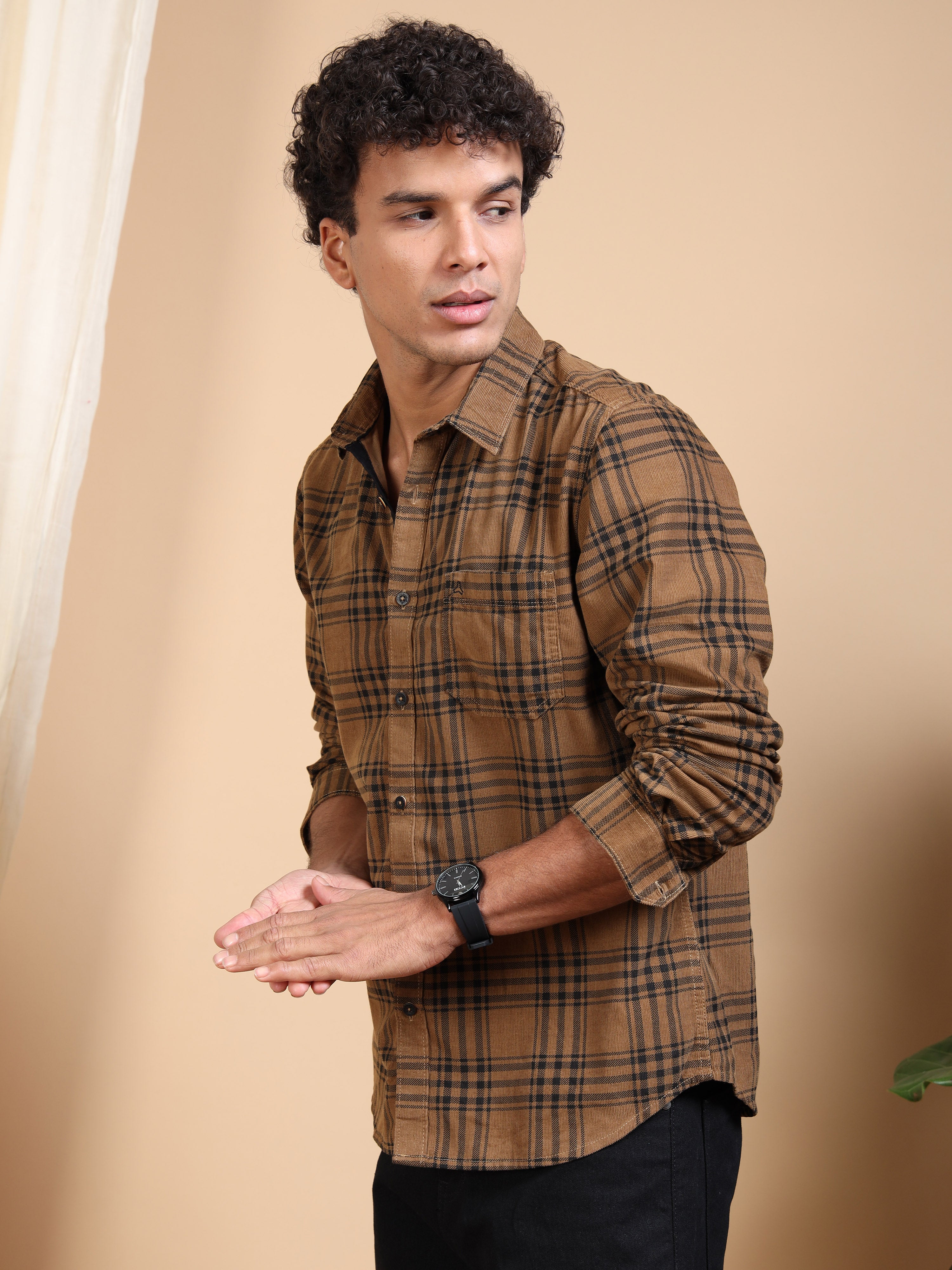 MEN'S DK.KHAKI CHECKS SLIM FIT SHIRT