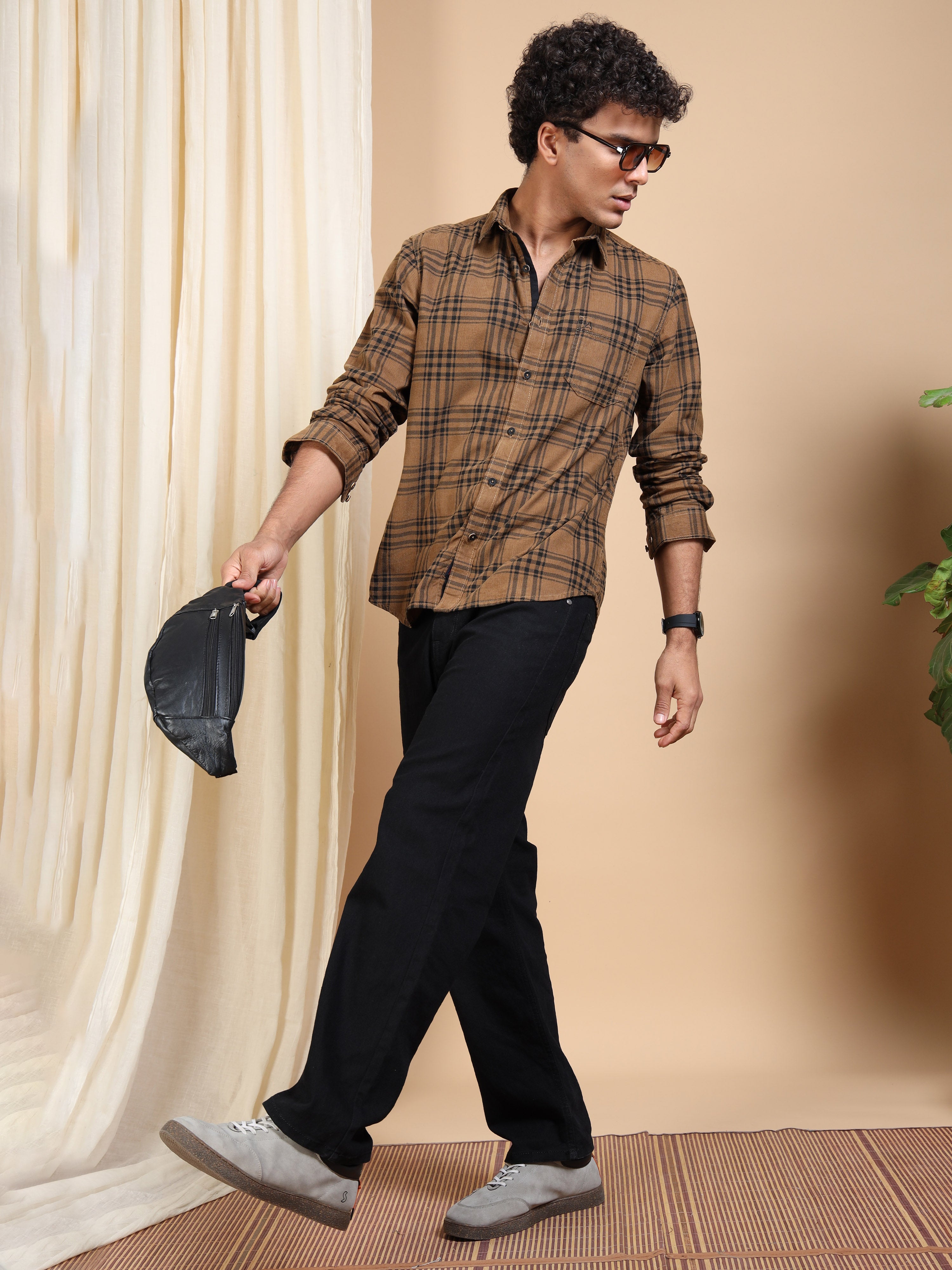 MEN'S DK.KHAKI CHECKS SLIM FIT SHIRT