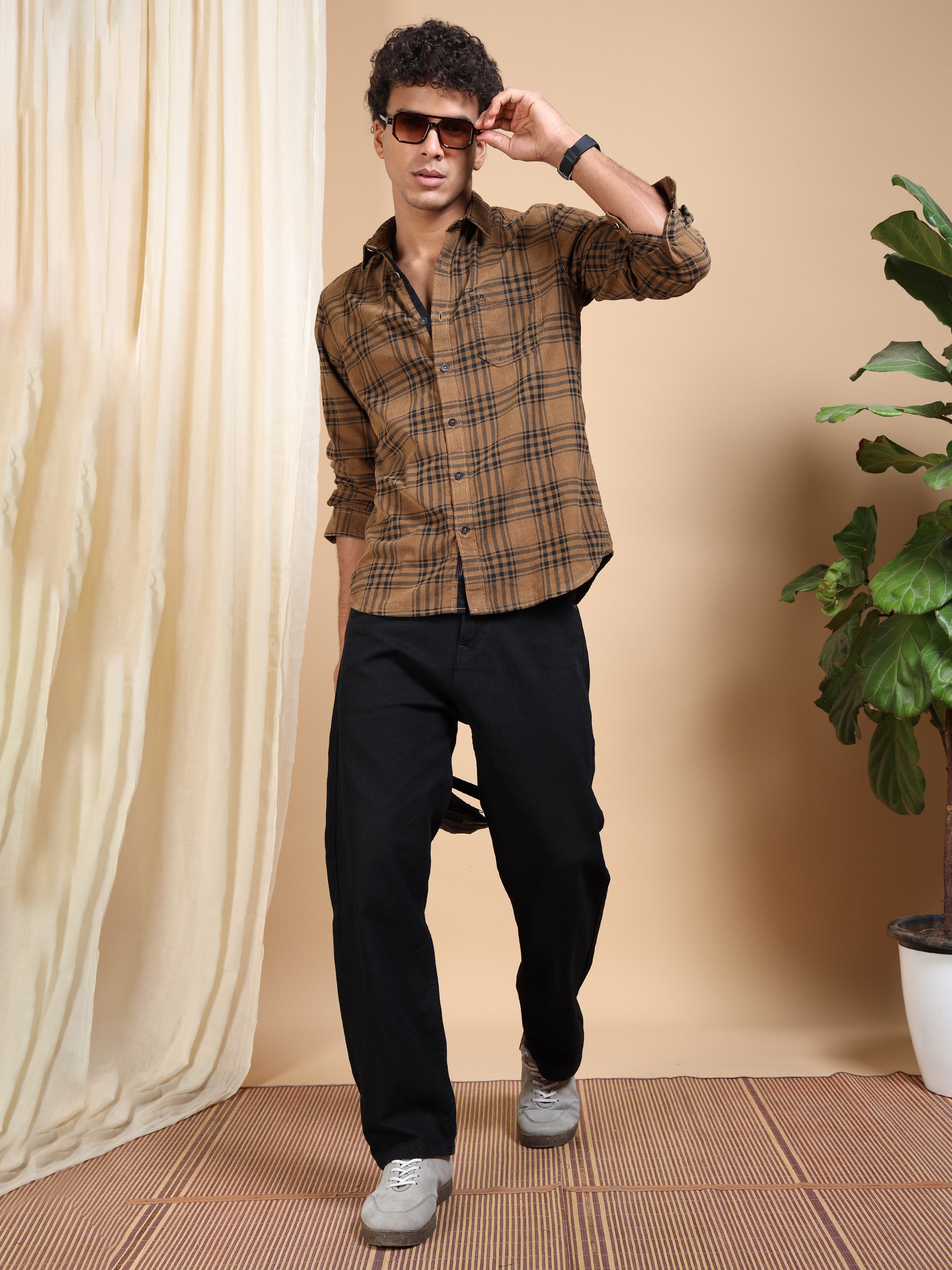 MEN'S DK.KHAKI CHECKS SLIM FIT SHIRT