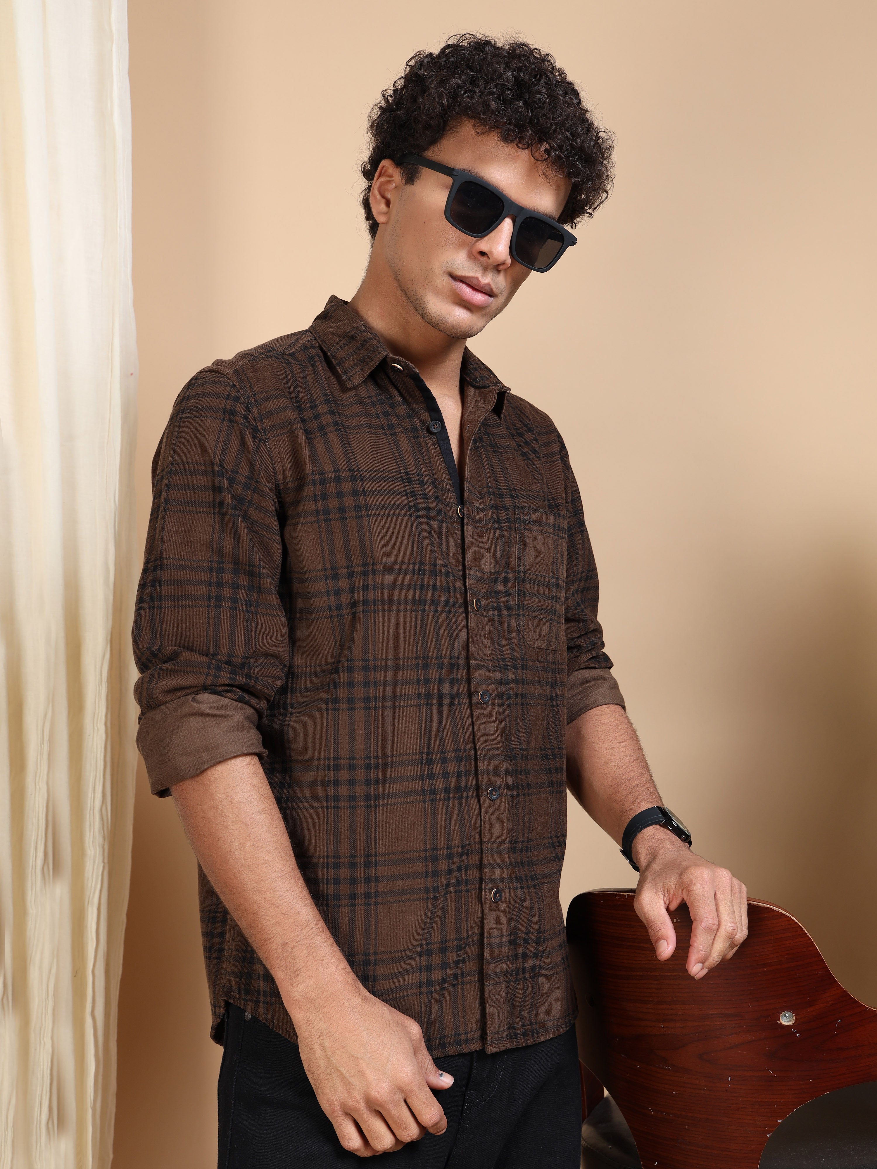 MEN'S BROWN CHECKS SLIM FIT SHIRT