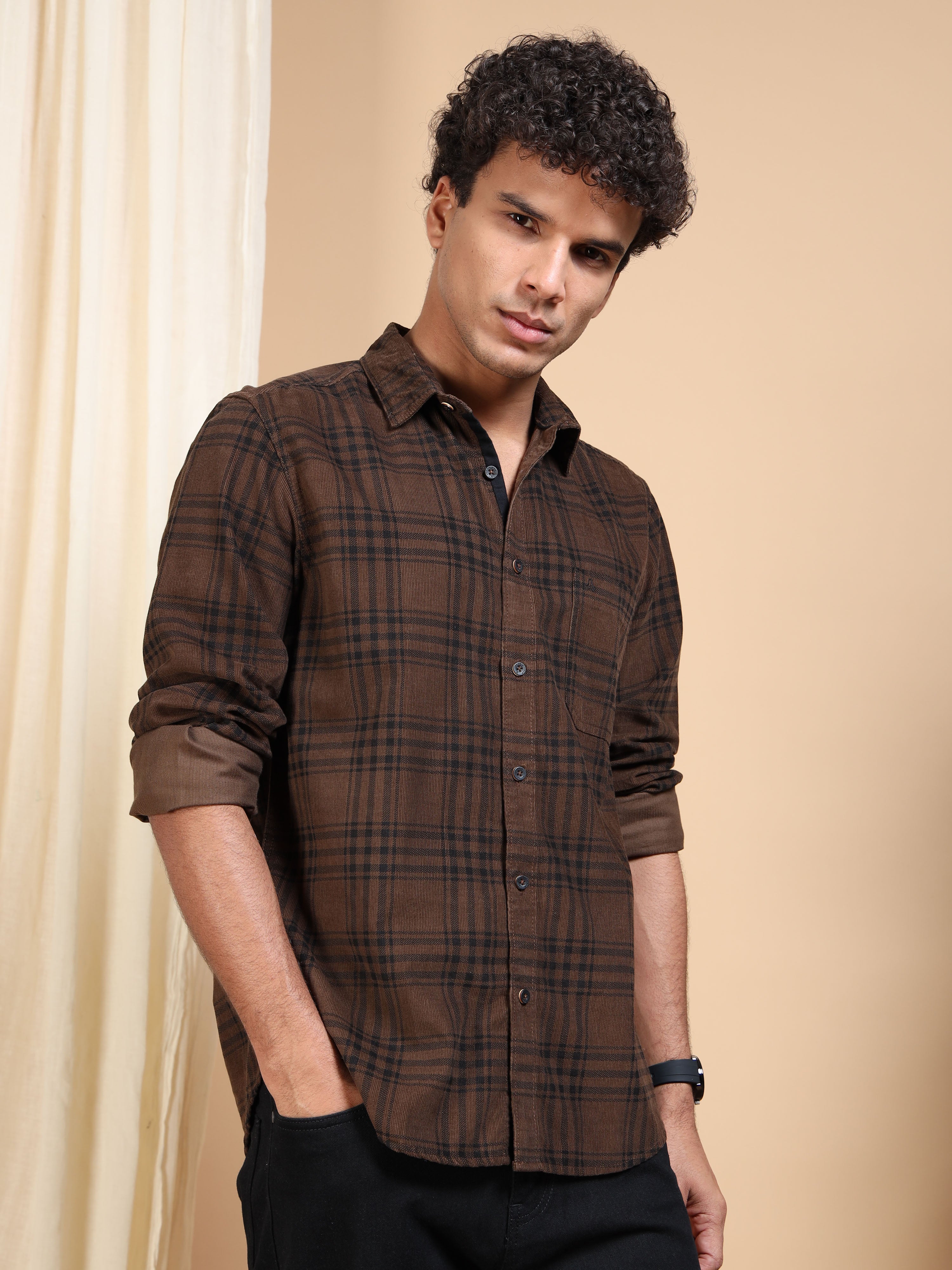 MEN'S BROWN CHECKS SLIM FIT SHIRT