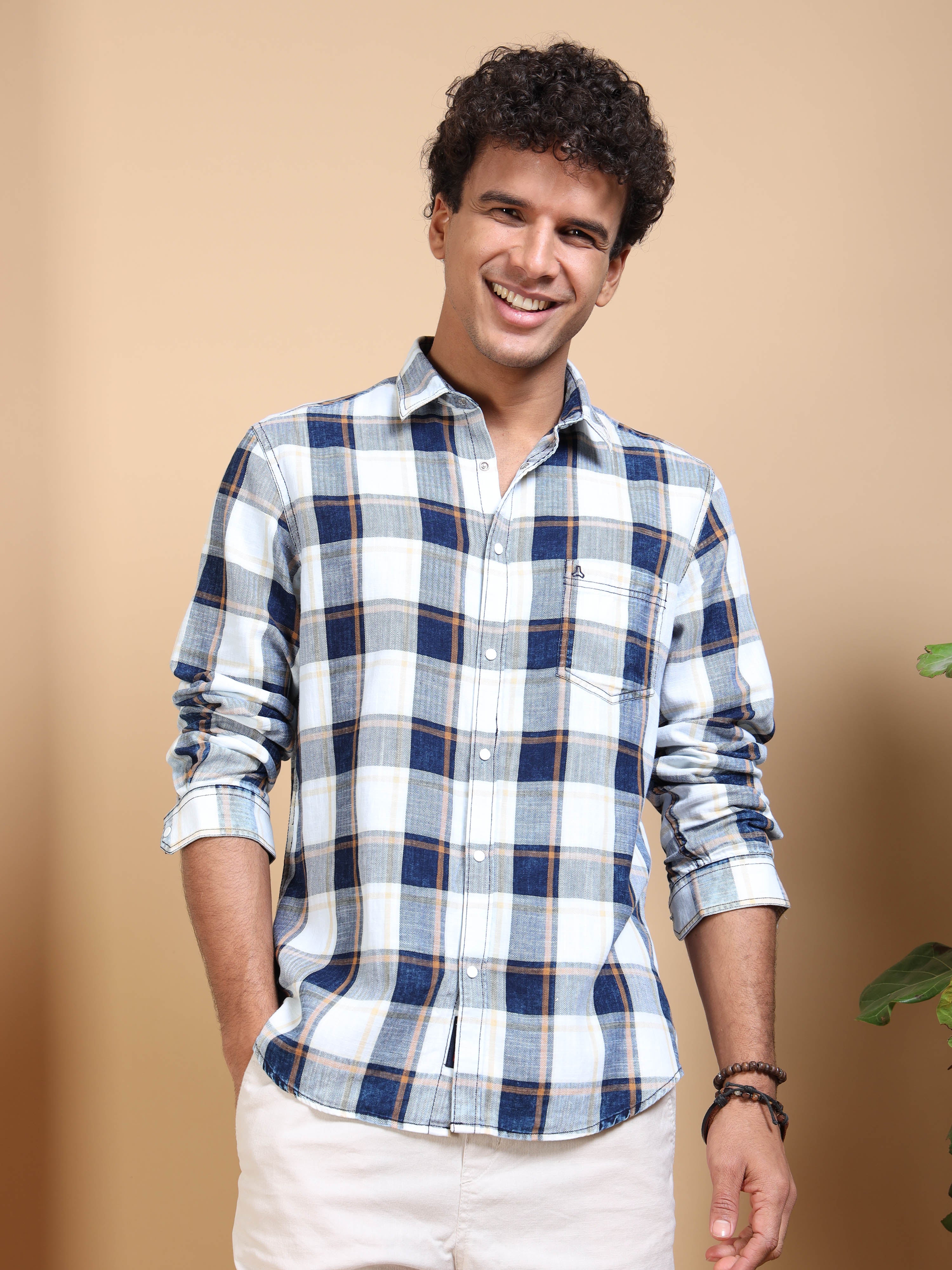 MEN'S GOLD INDIGO CHECKS SLIM FIT SHIRT
