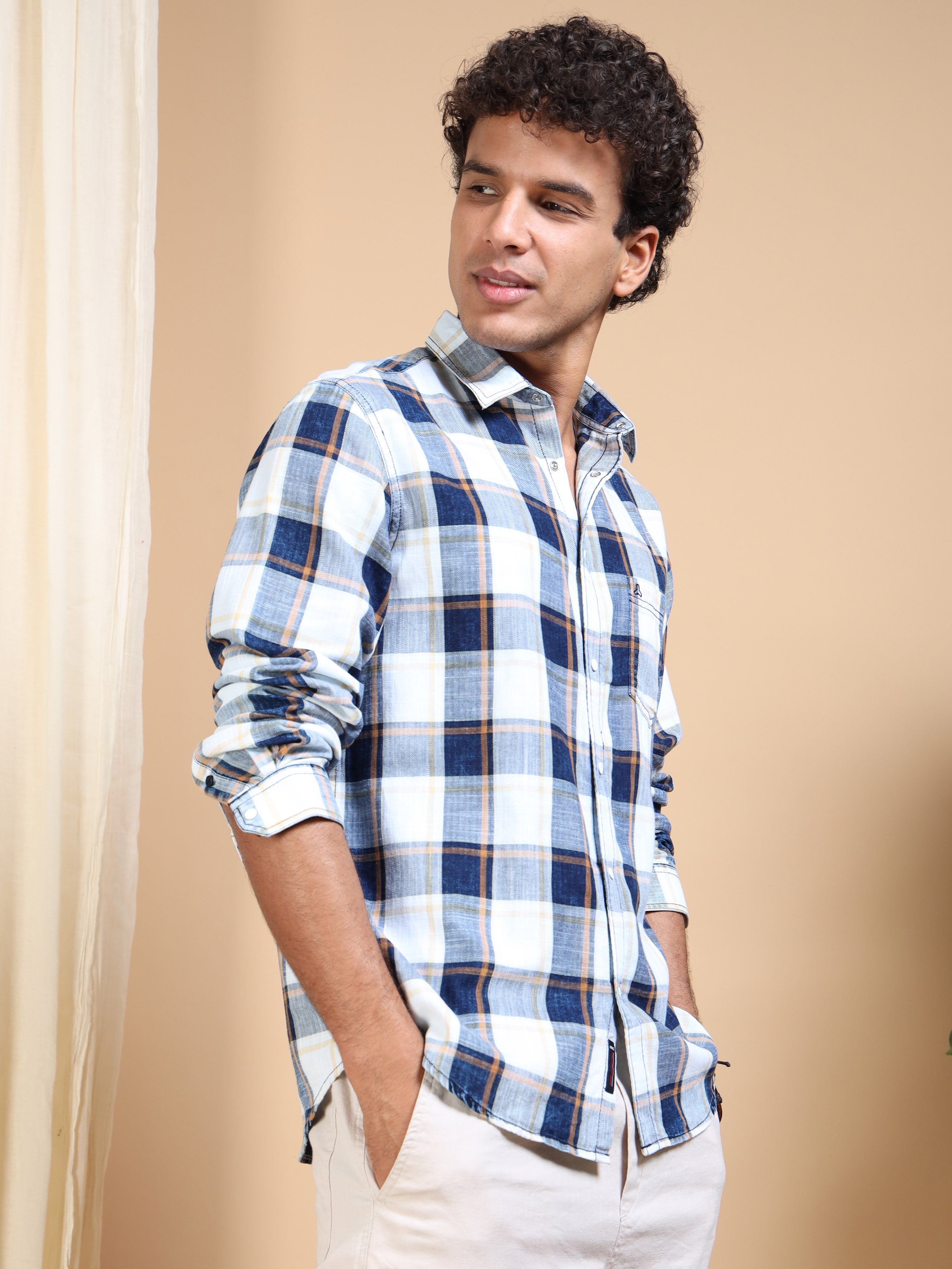 MEN'S GOLD INDIGO CHECKS SLIM FIT SHIRT