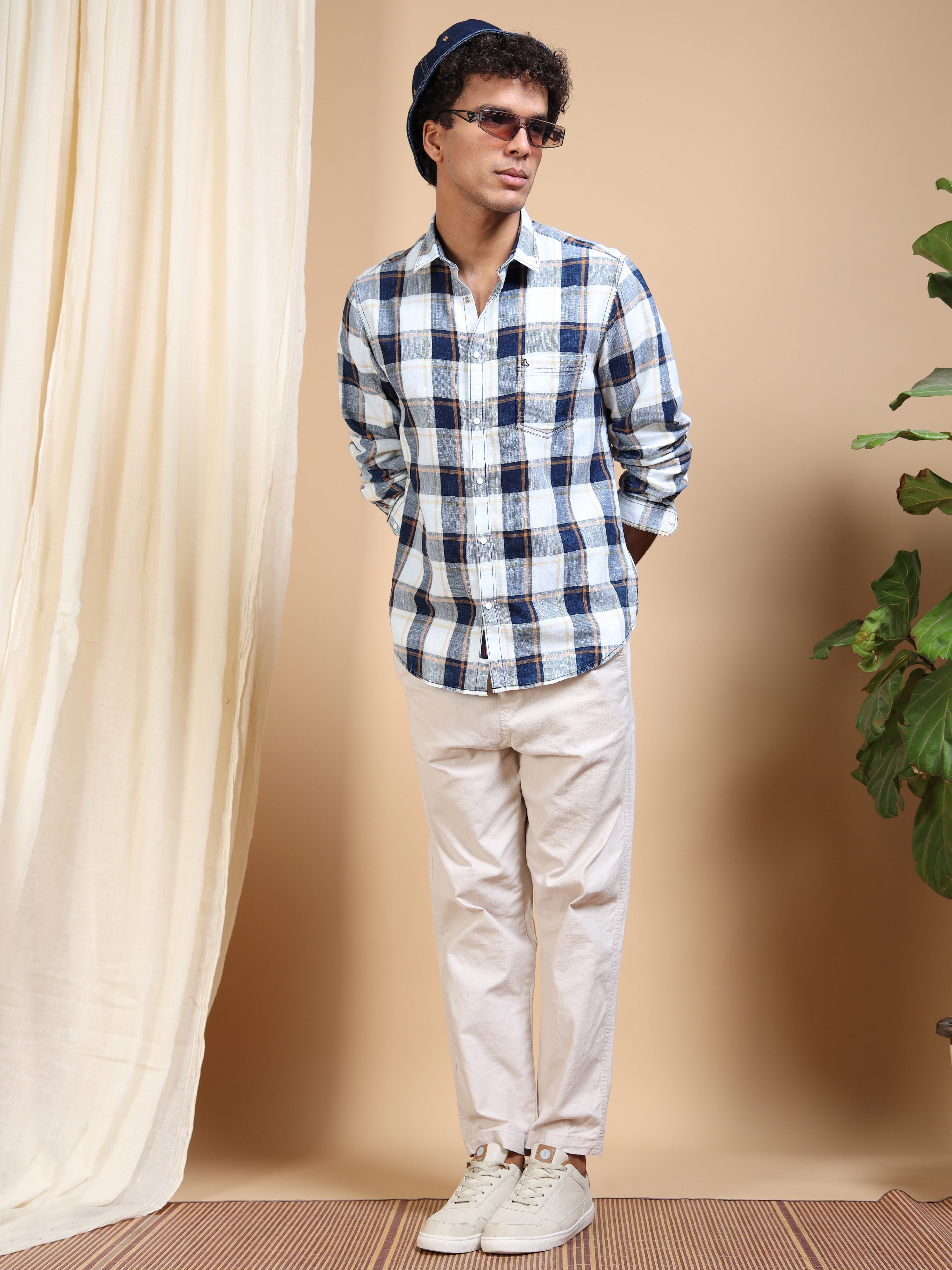 MEN'S GOLD INDIGO CHECKS SLIM FIT SHIRT