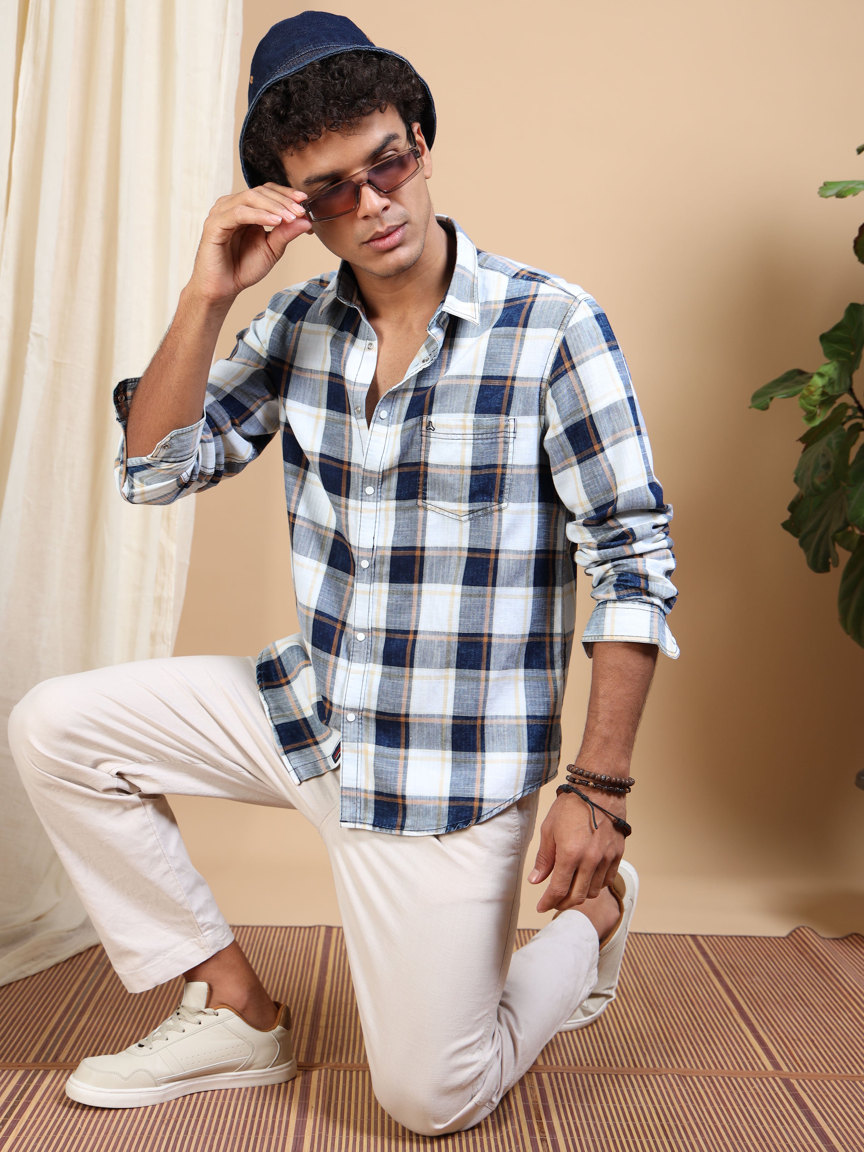 MEN'S GOLD INDIGO CHECKS SLIM FIT SHIRT