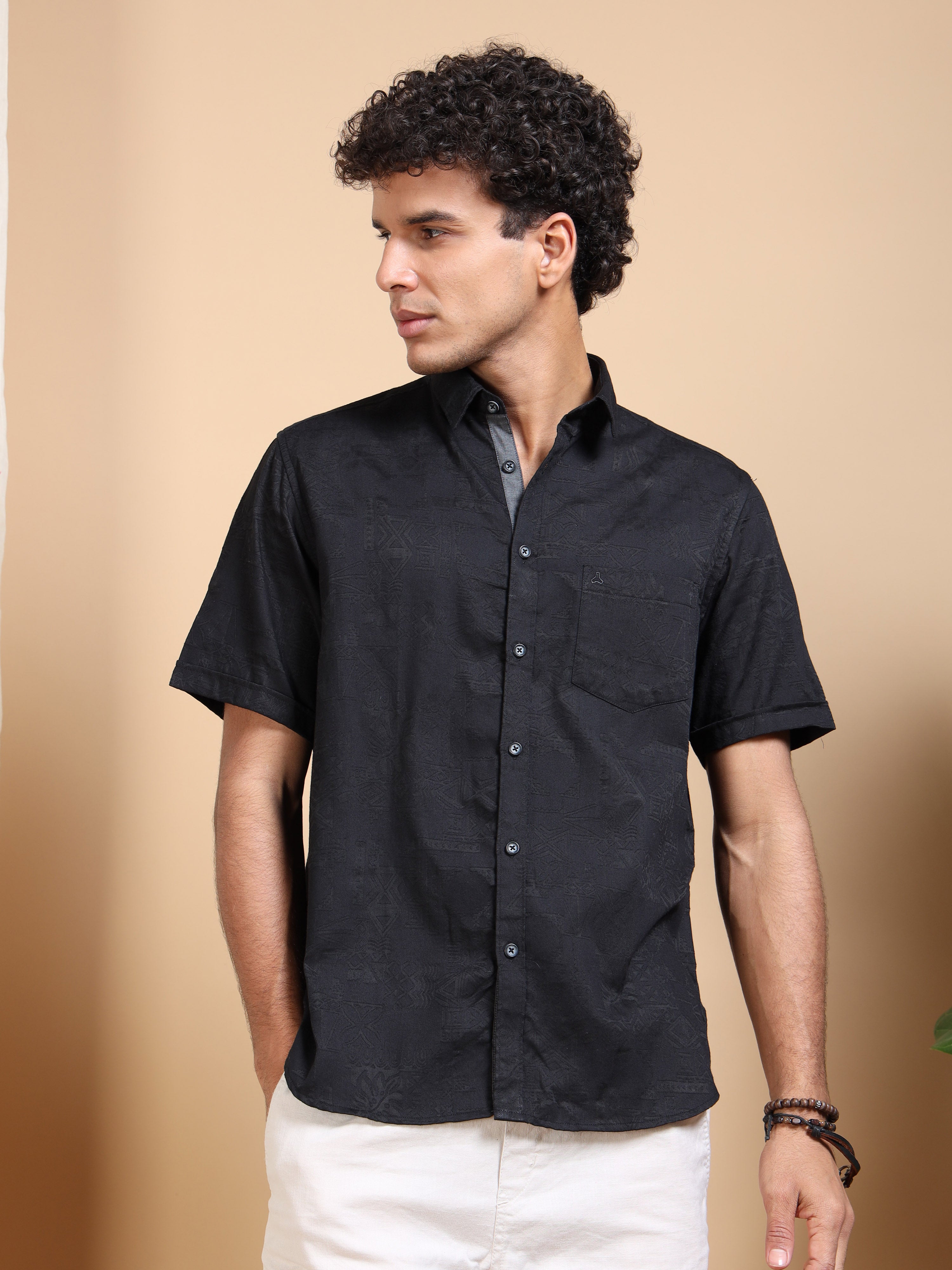 MEN'S BLACK SELF DESIGN SLIM FIT SHIRT