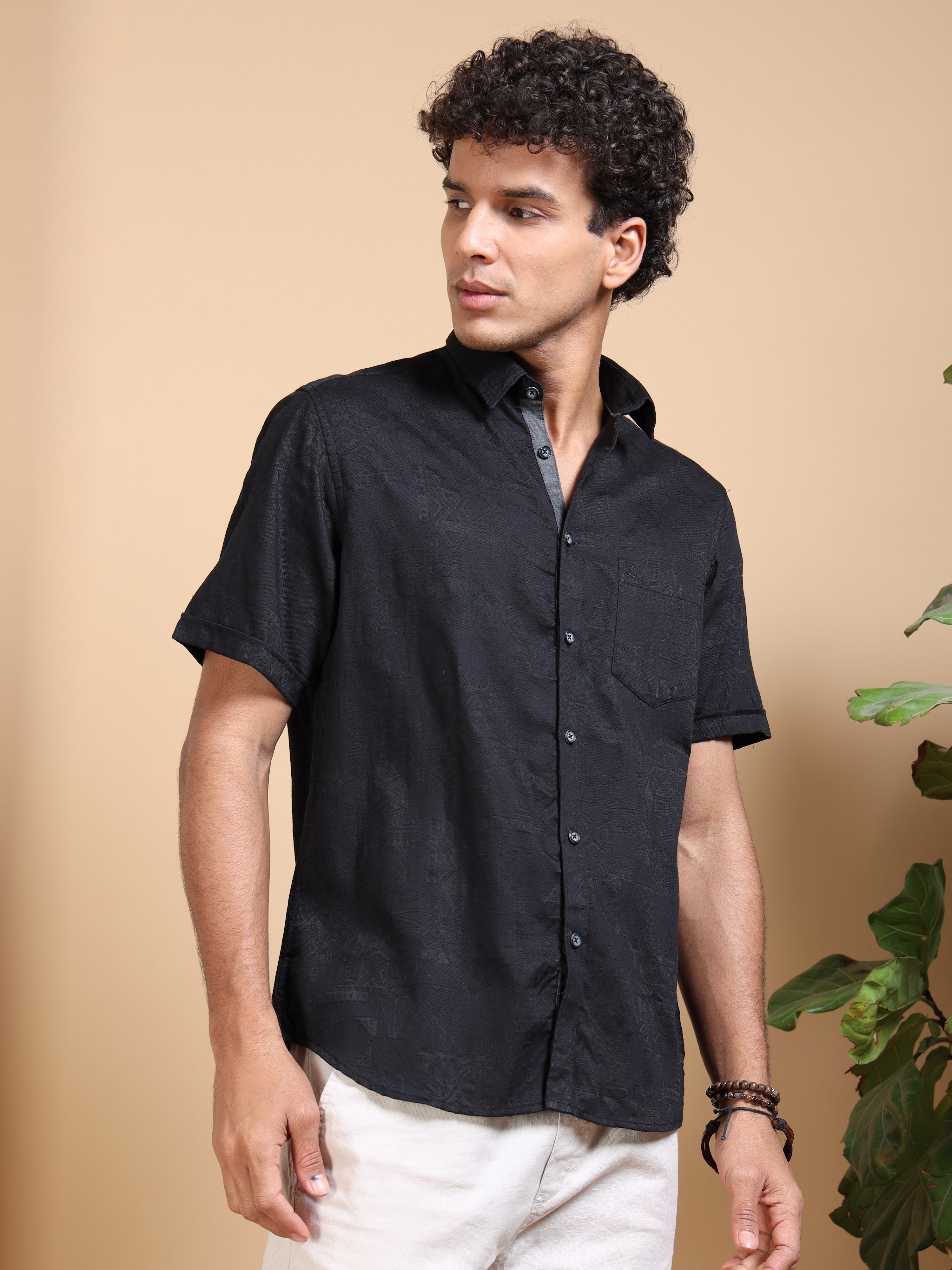 MEN'S BLACK SELF DESIGN SLIM FIT SHIRT