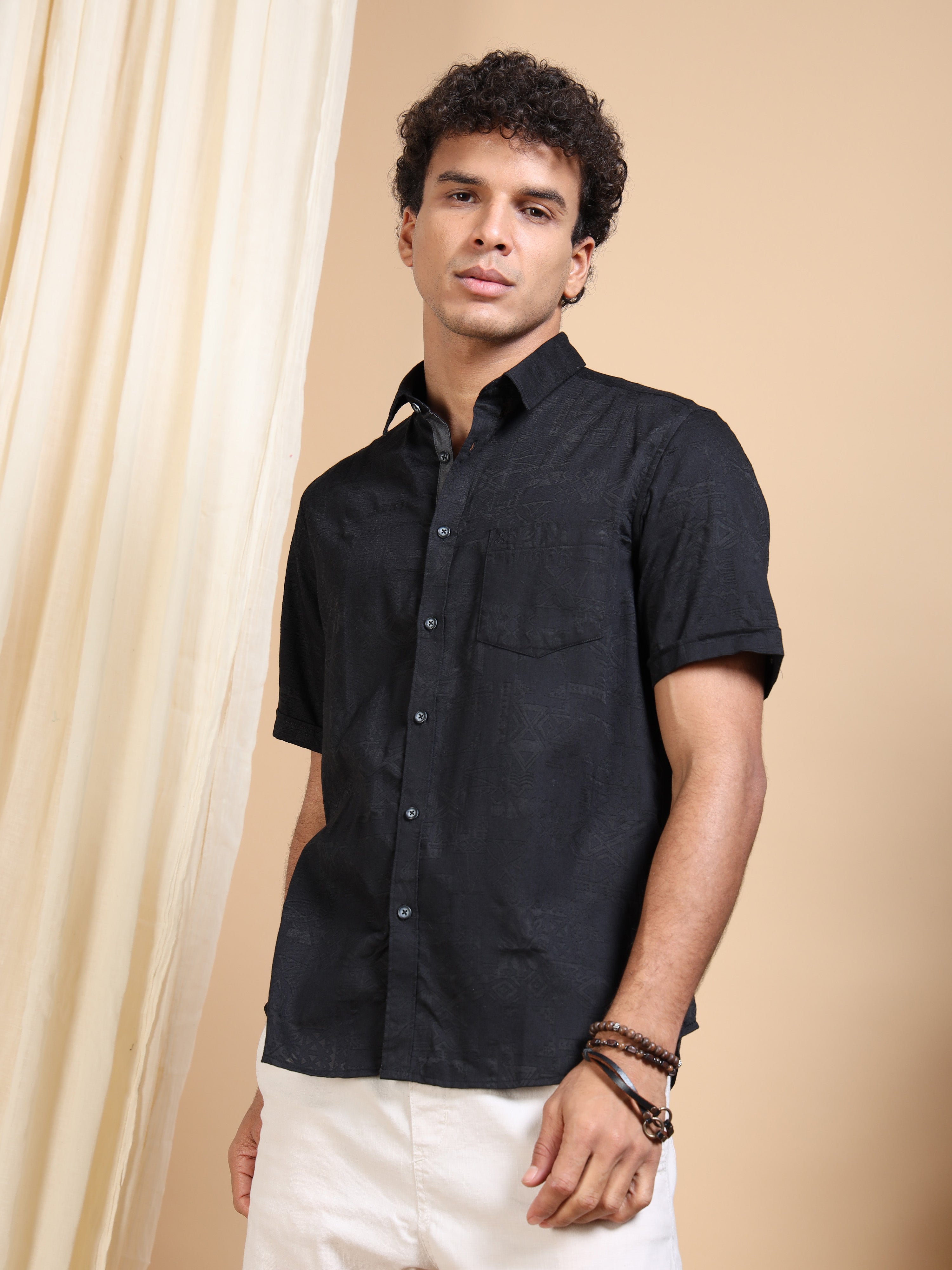 MEN'S BLACK SELF DESIGN SLIM FIT SHIRT