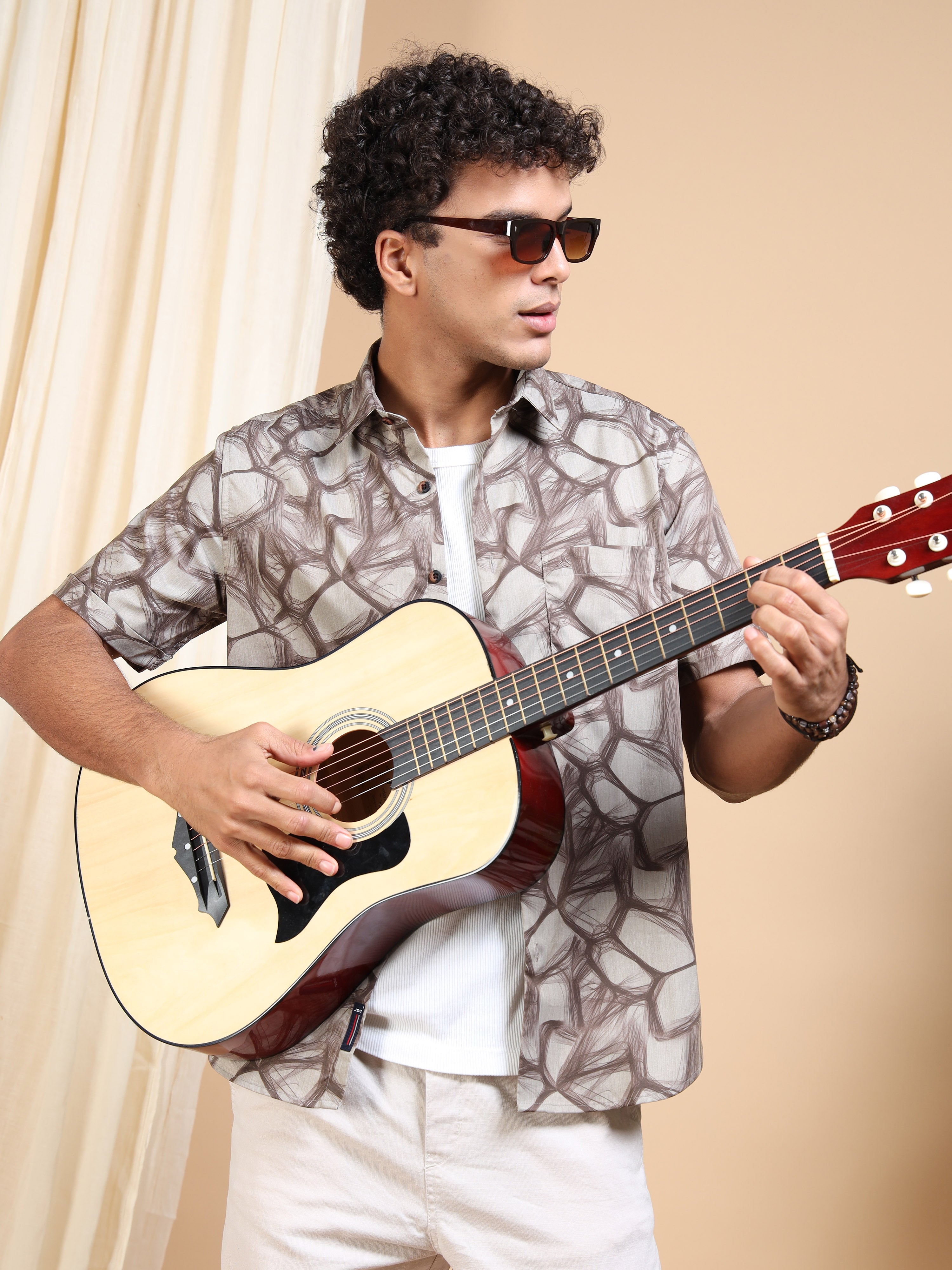 MEN'S BROWN PRINT SLIM FIT SHIRT