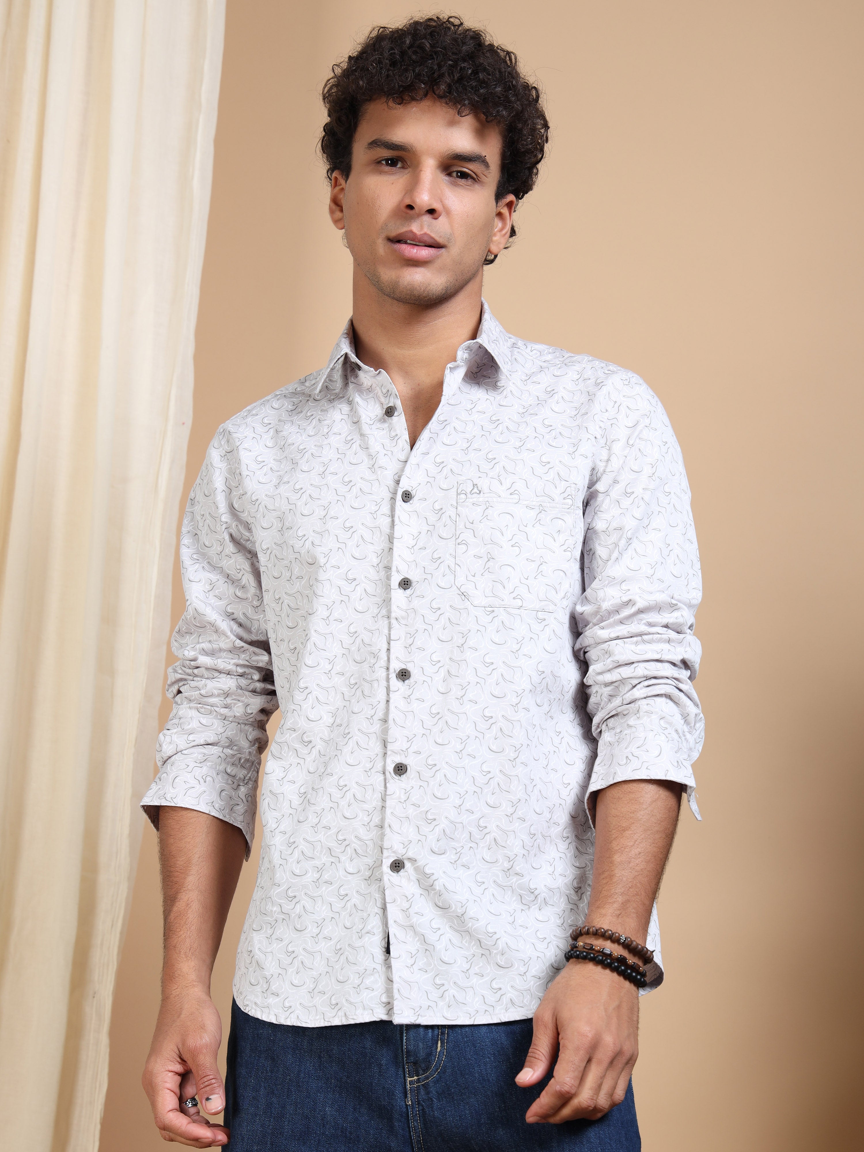 MEN'S LT.GREY PRINT SLIM FIT SHIRT