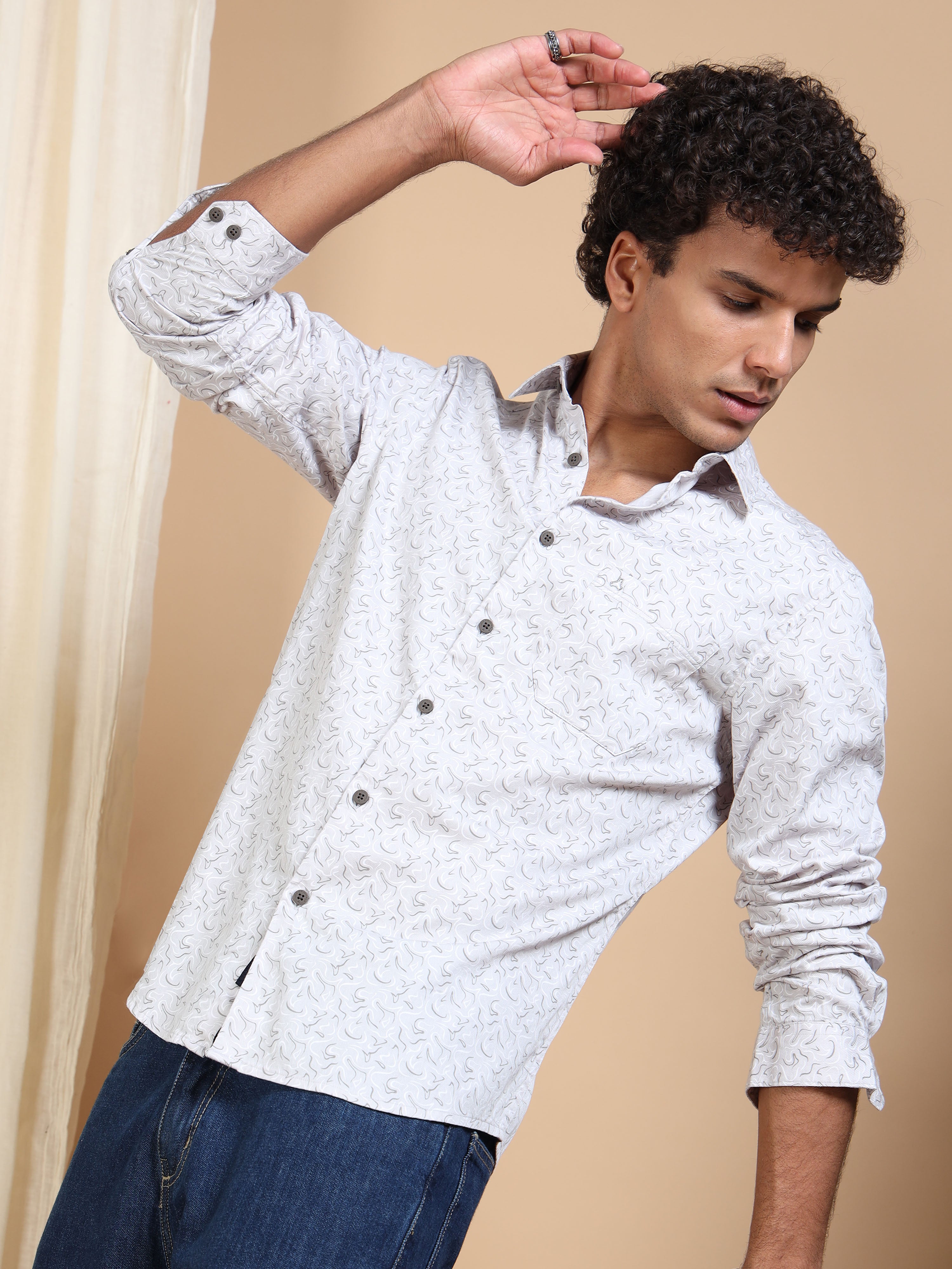 MEN'S LT.GREY PRINT SLIM FIT SHIRT