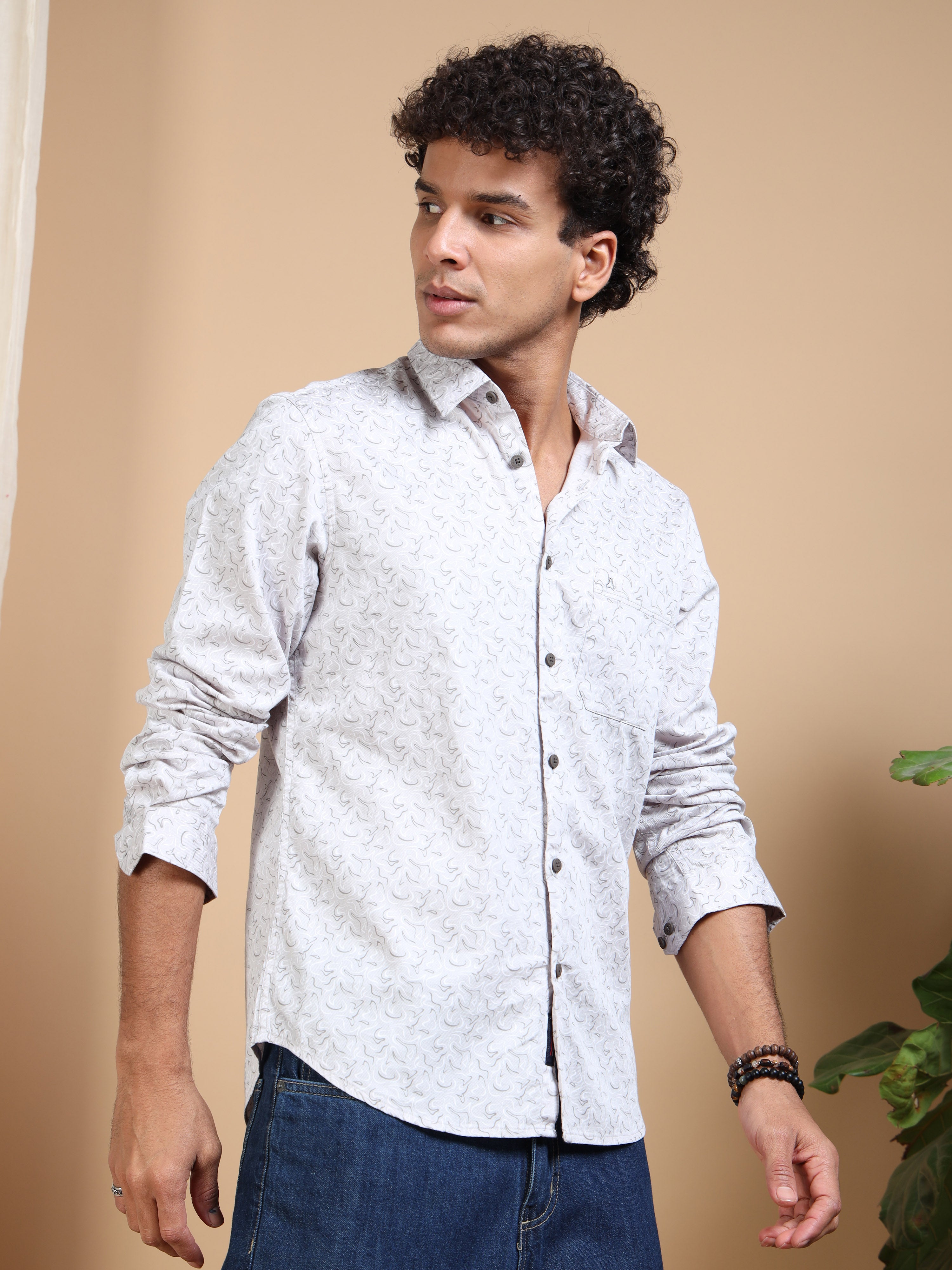 MEN'S LT.GREY PRINT SLIM FIT SHIRT