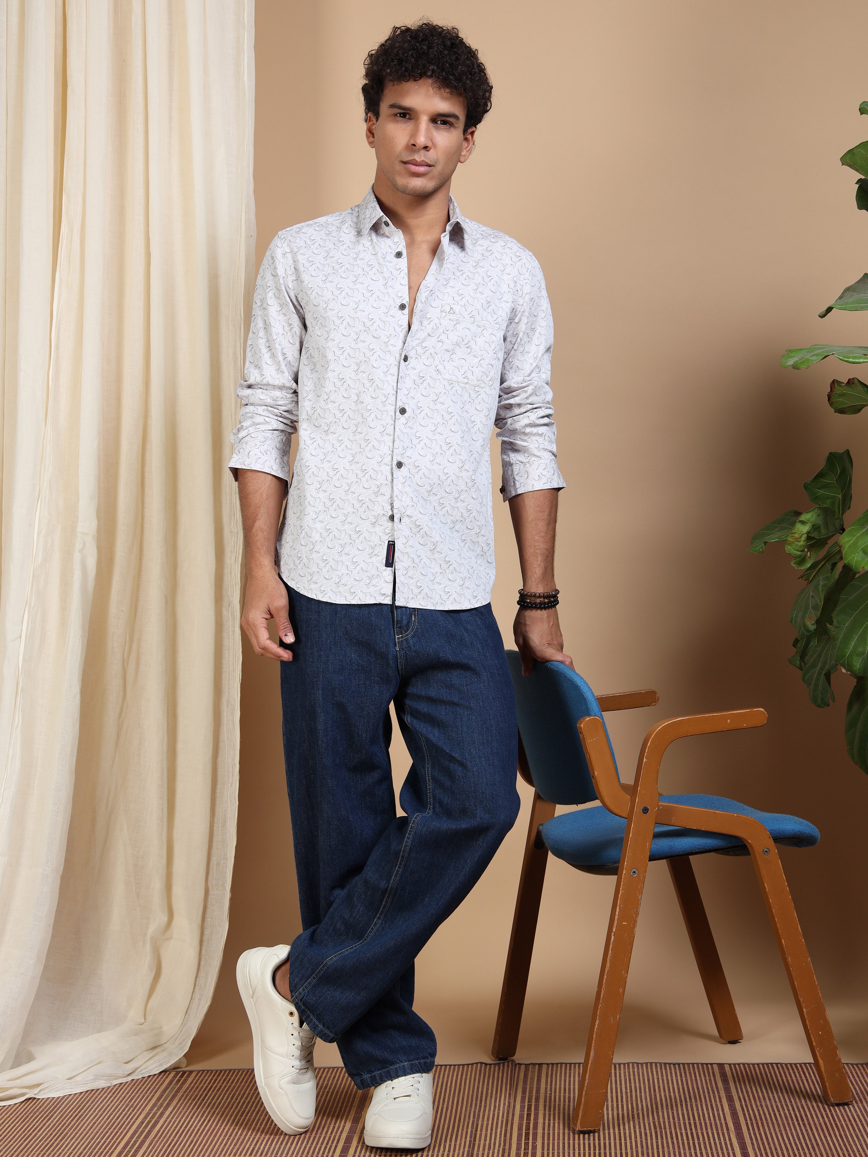 MEN'S LT.GREY PRINT SLIM FIT SHIRT