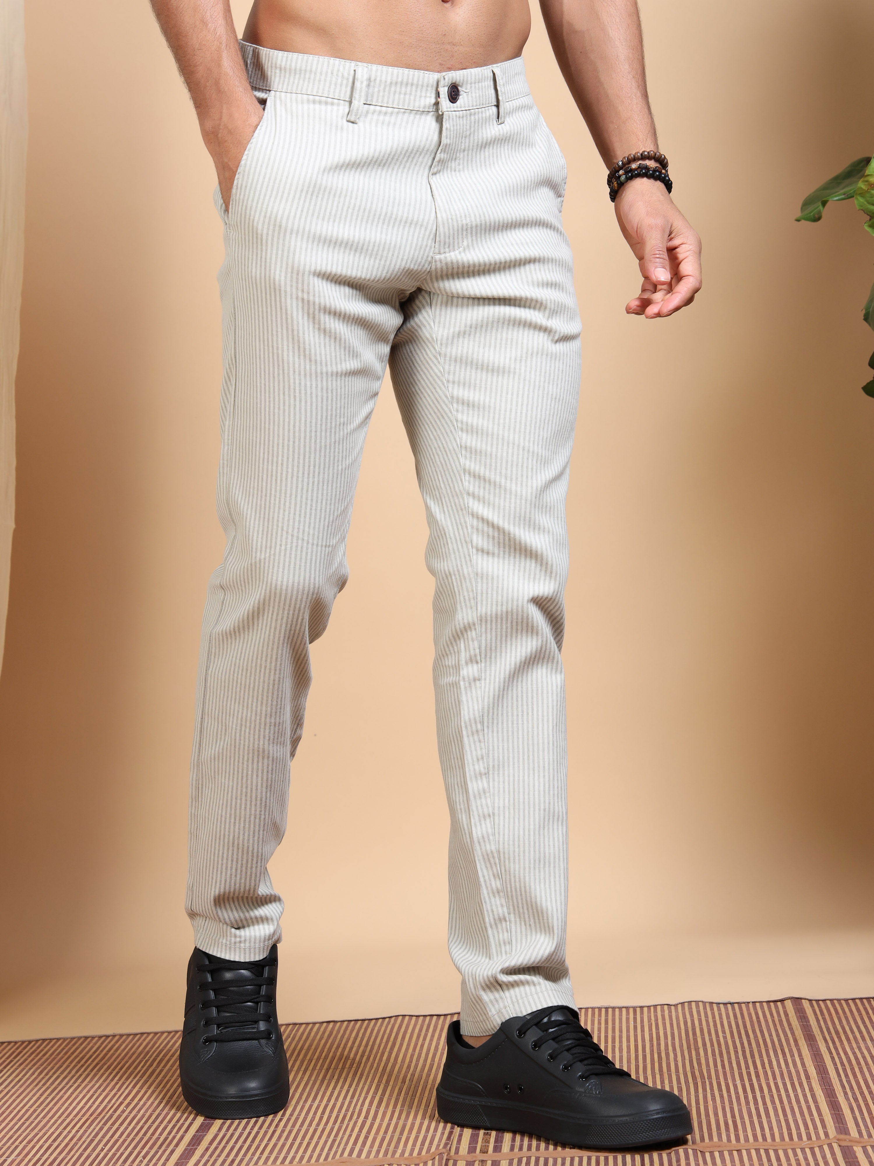 MEN'S  LT.GREY STRIPES SLIM FIT TROUSER
