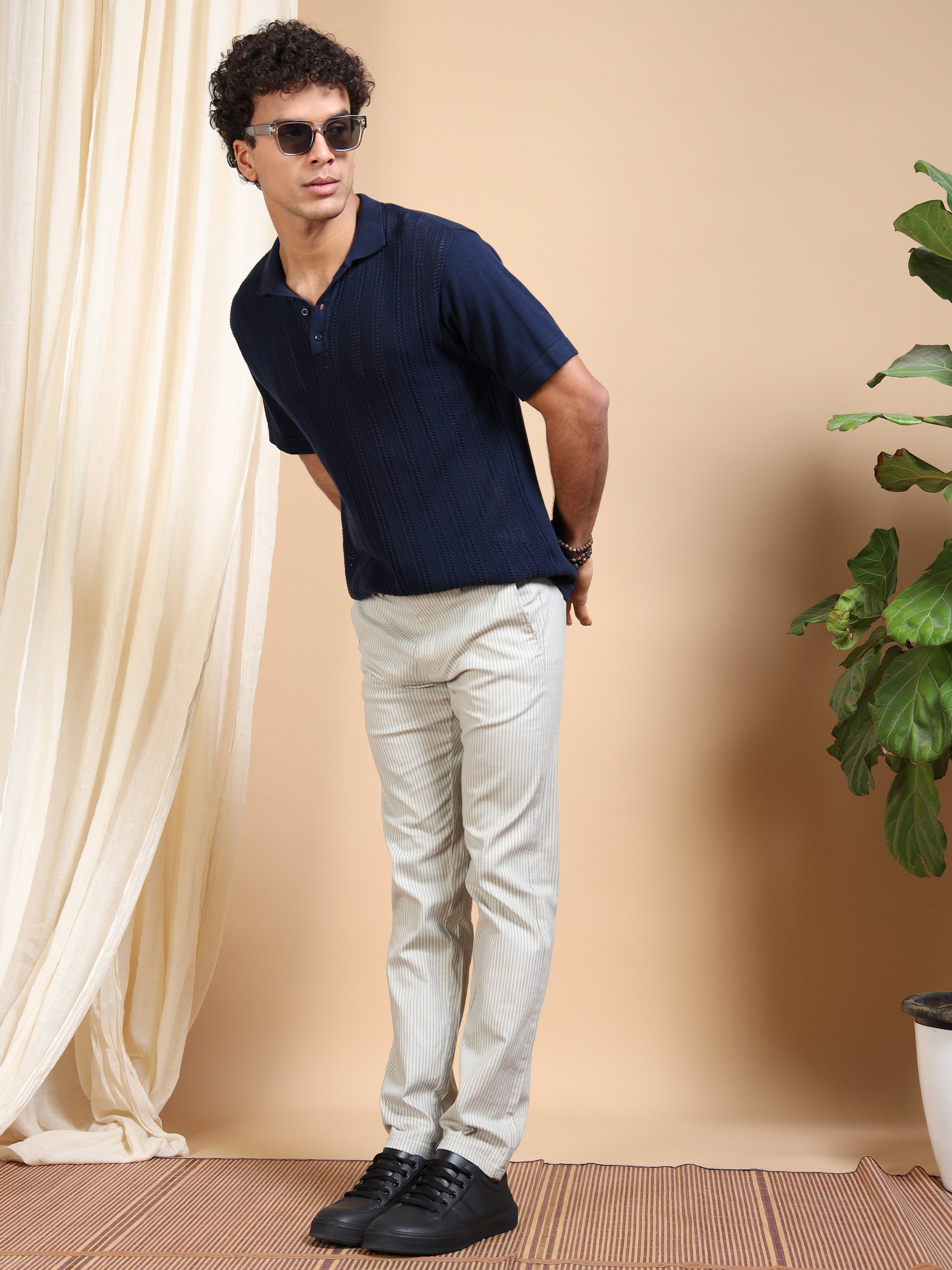 MEN'S  LT.GREY STRIPES SLIM FIT TROUSER