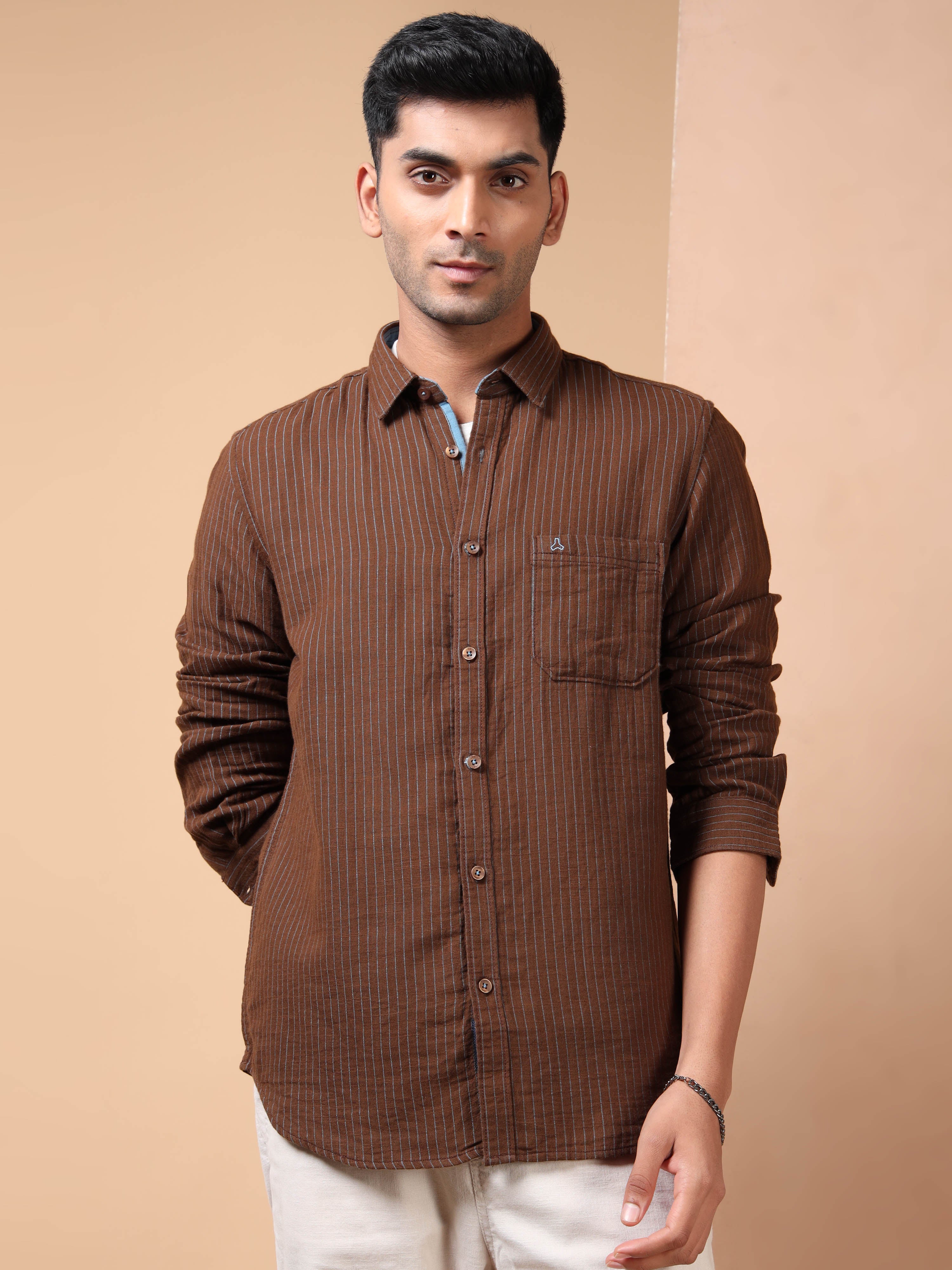 MEN'S BROWN STRIPE SLIM FIT SHIRT