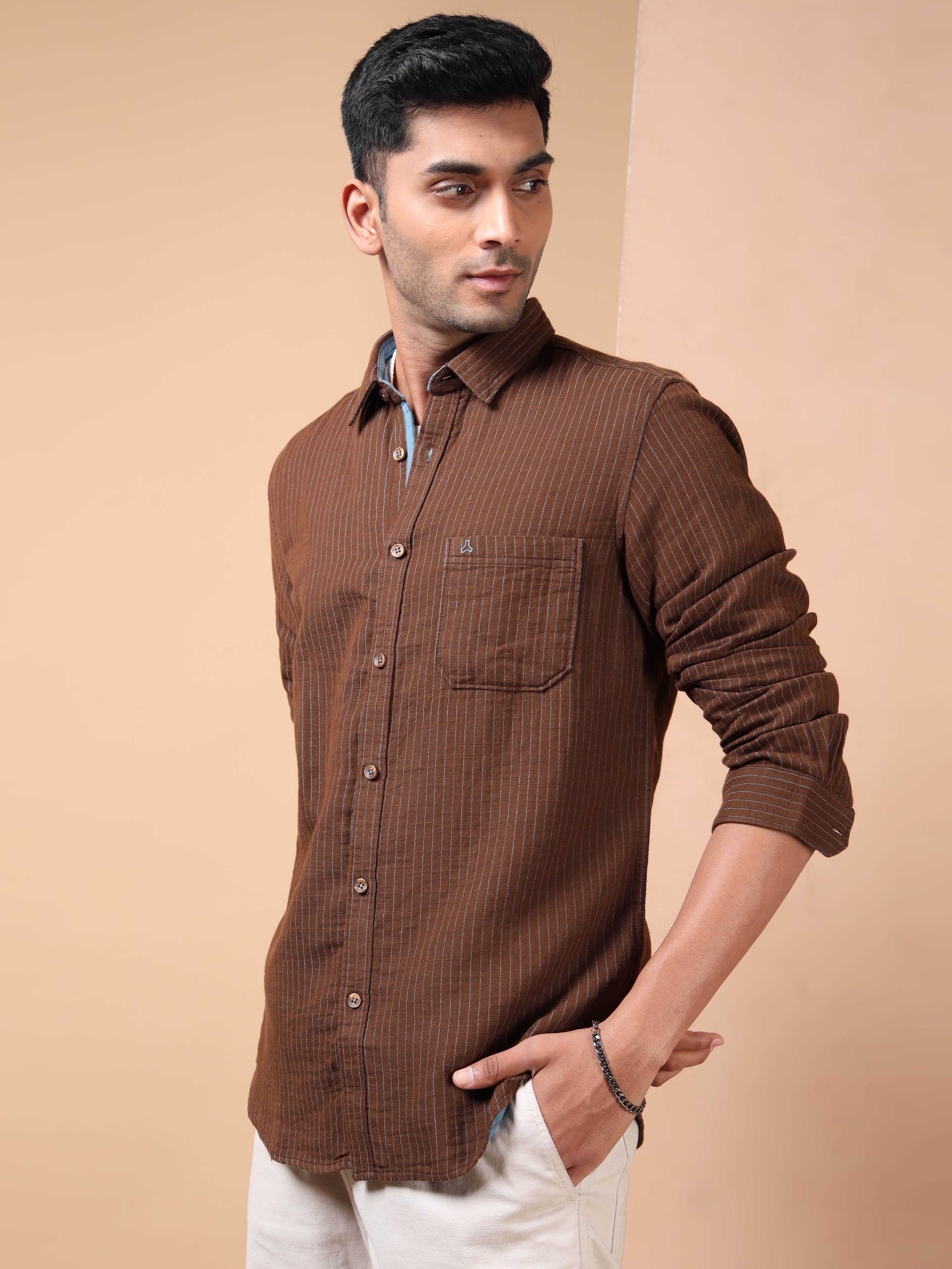 MEN'S BROWN STRIPE SLIM FIT SHIRT
