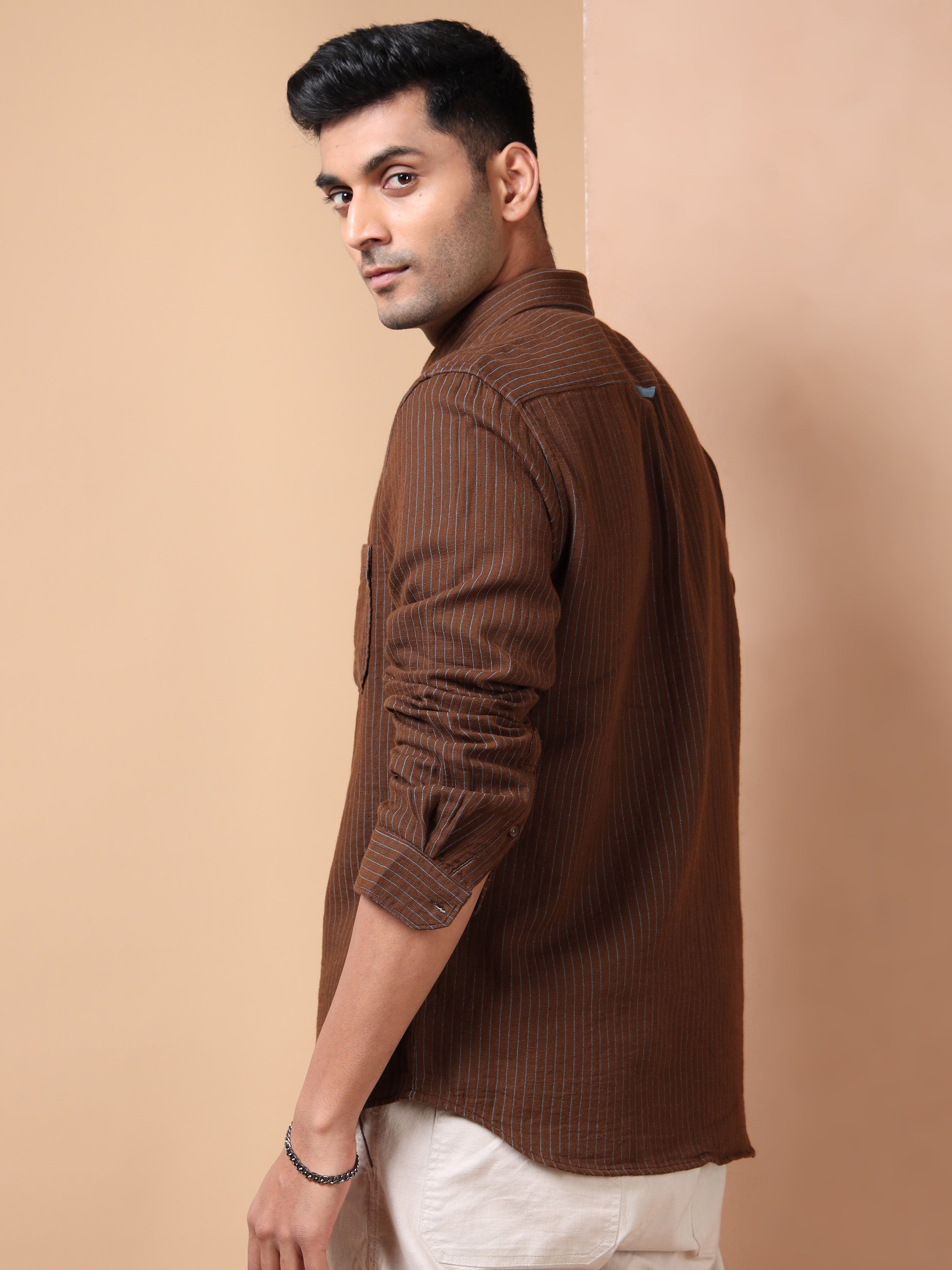 MEN'S BROWN STRIPE SLIM FIT SHIRT