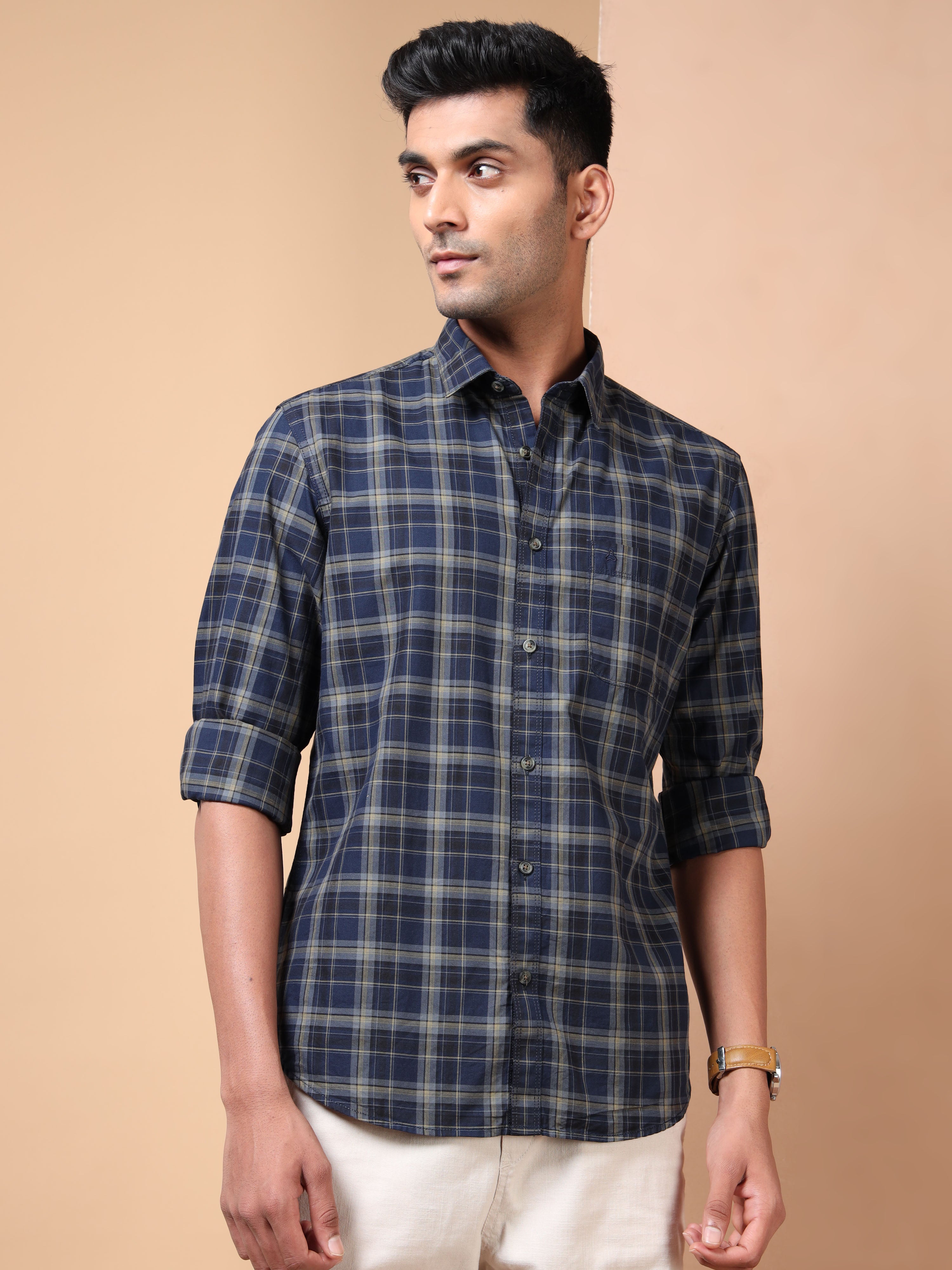 MEN'S NAVY CHECKS SLIM FIT SHIRT