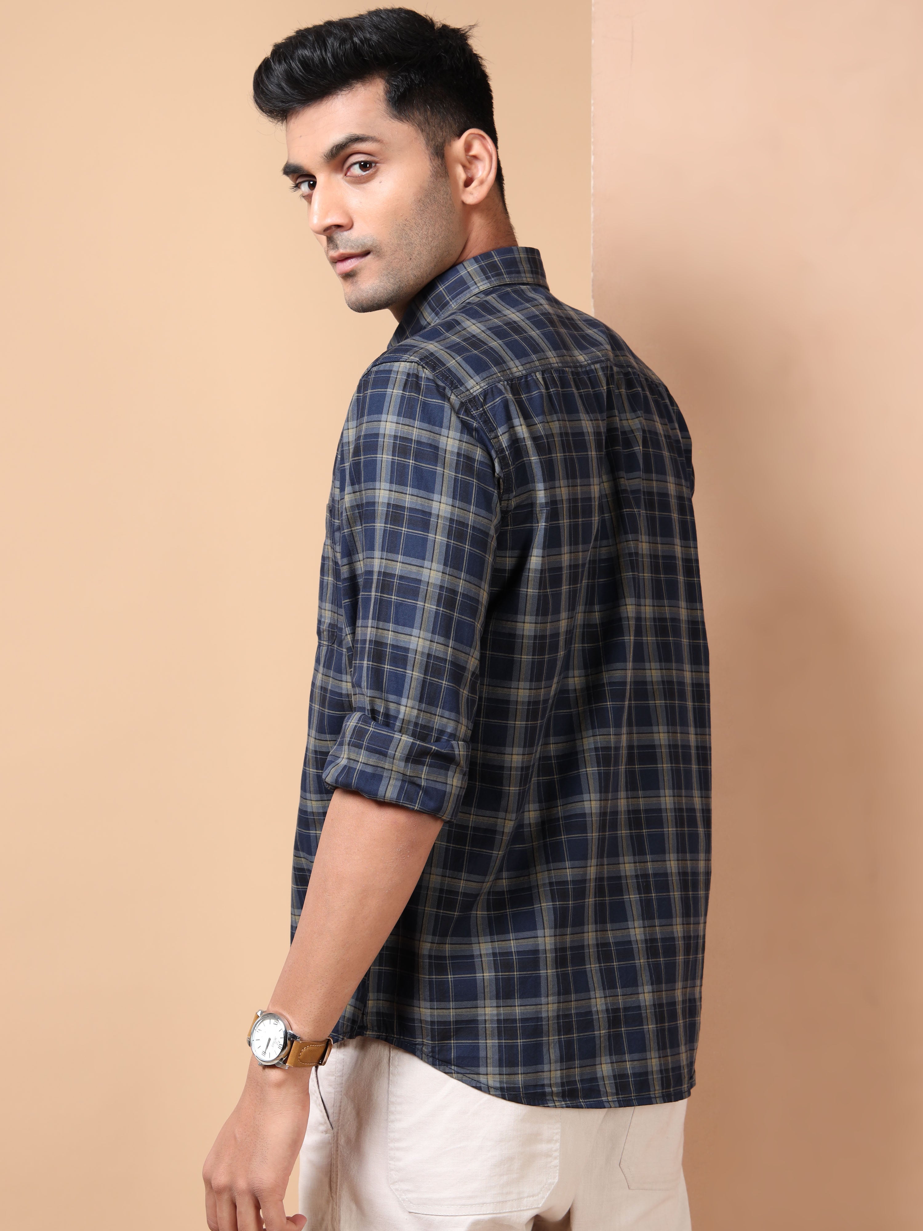 MEN'S NAVY CHECKS SLIM FIT SHIRT