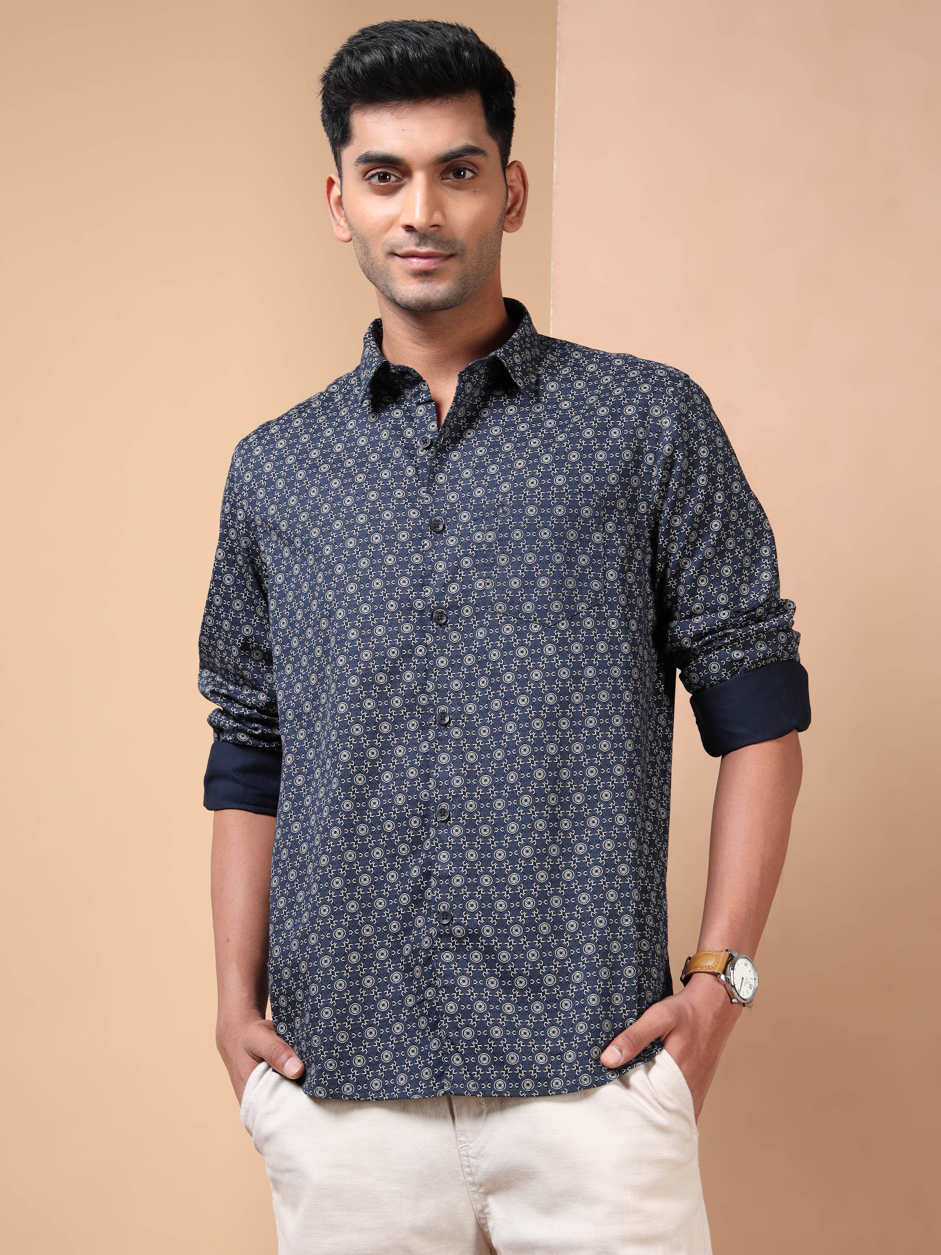 MEN'S NAVY PRINT SLIM FIT SHIRT