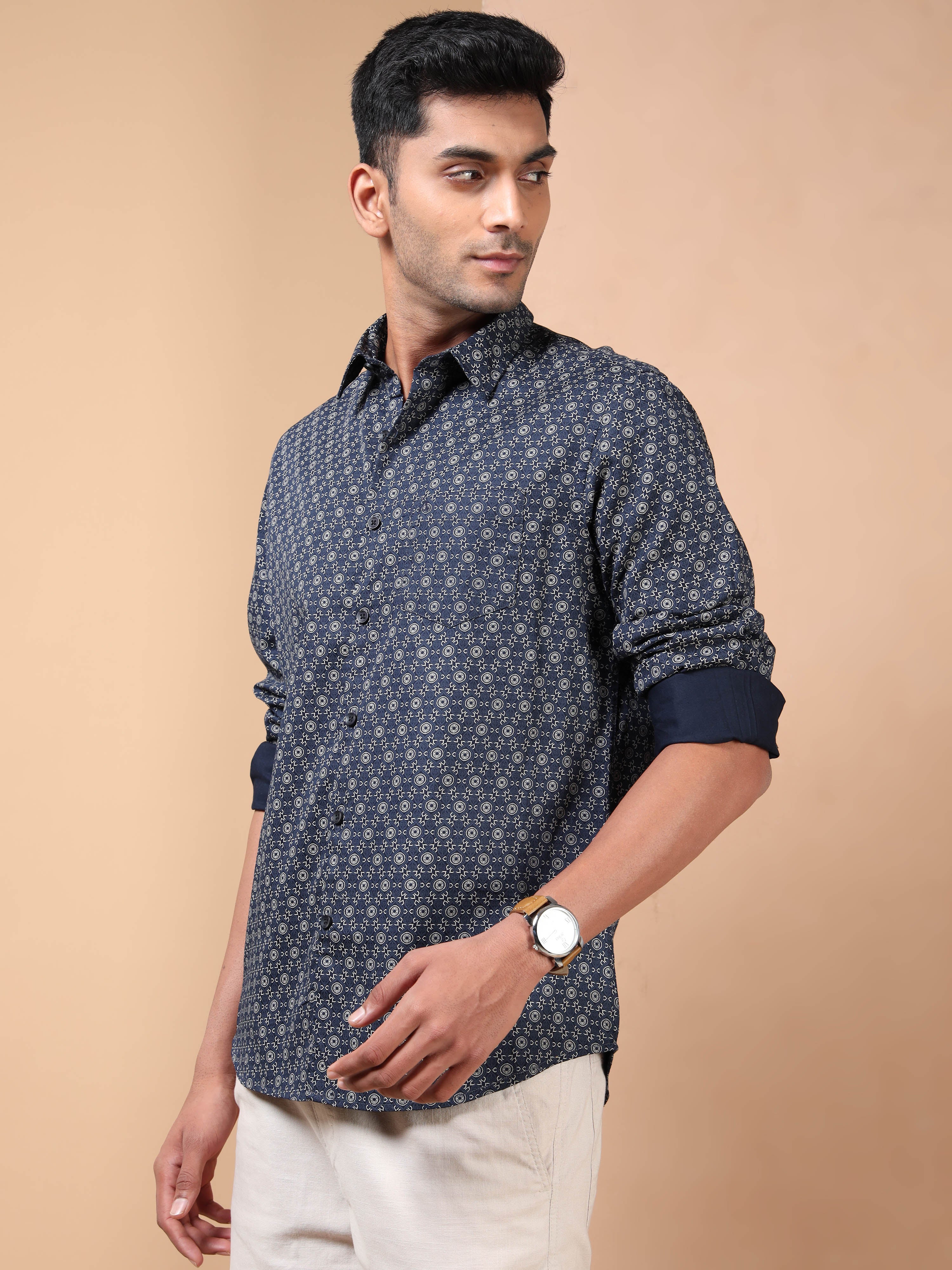 MEN'S NAVY PRINT SLIM FIT SHIRT